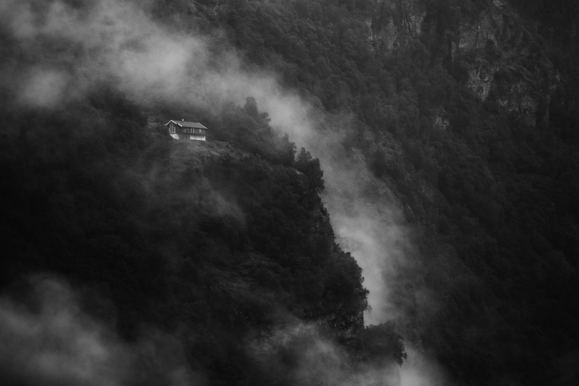 1920x1280 nature landscape house mist cliff mountain trees geiranger norway