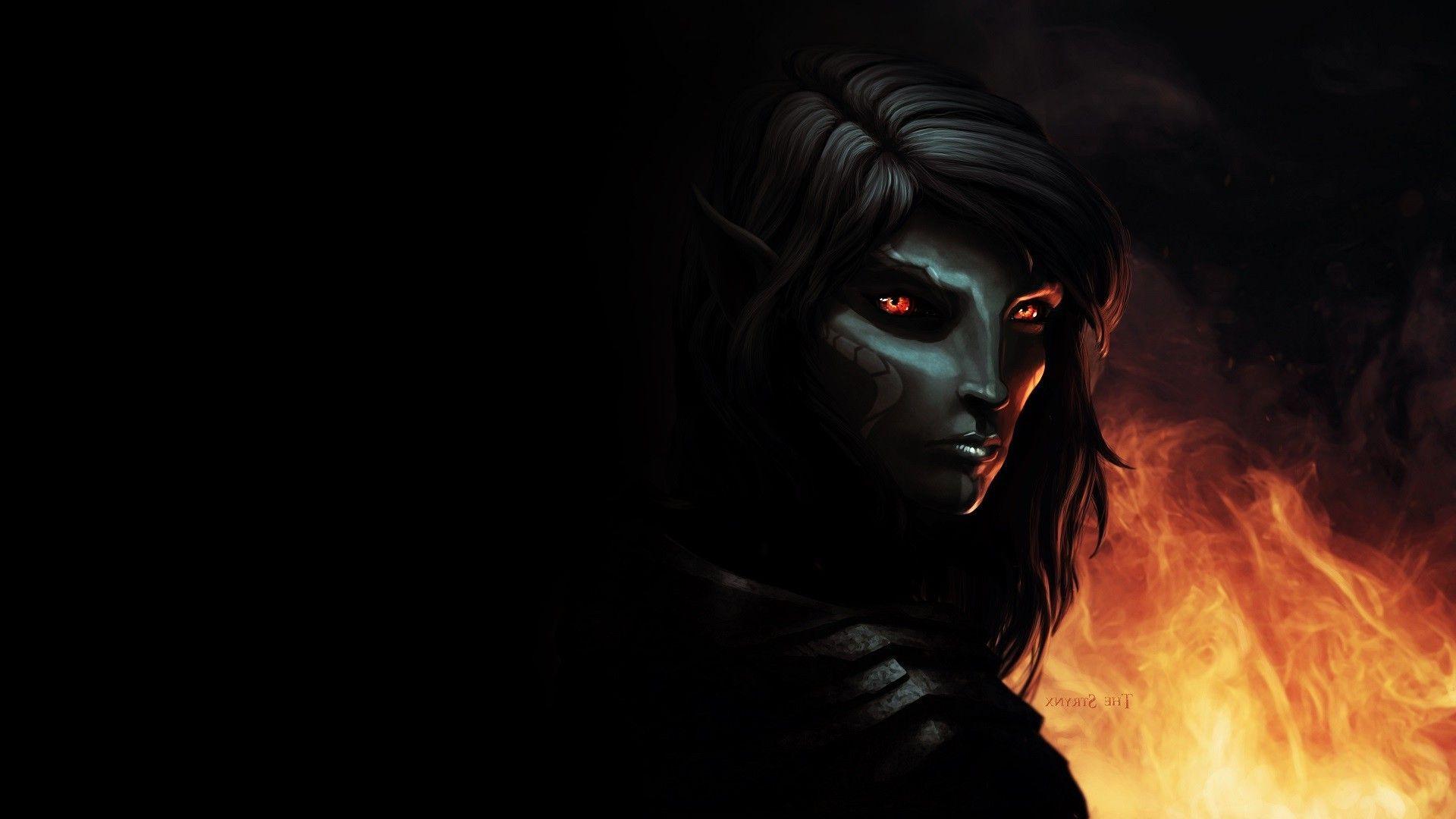 1920x1080 fantasy Art, The Elder Scrolls V: Skyrim, Dark Elf, Fire, Elves, Dark, Red Eyes Wallpaper HD / Desktop and Mobile Background