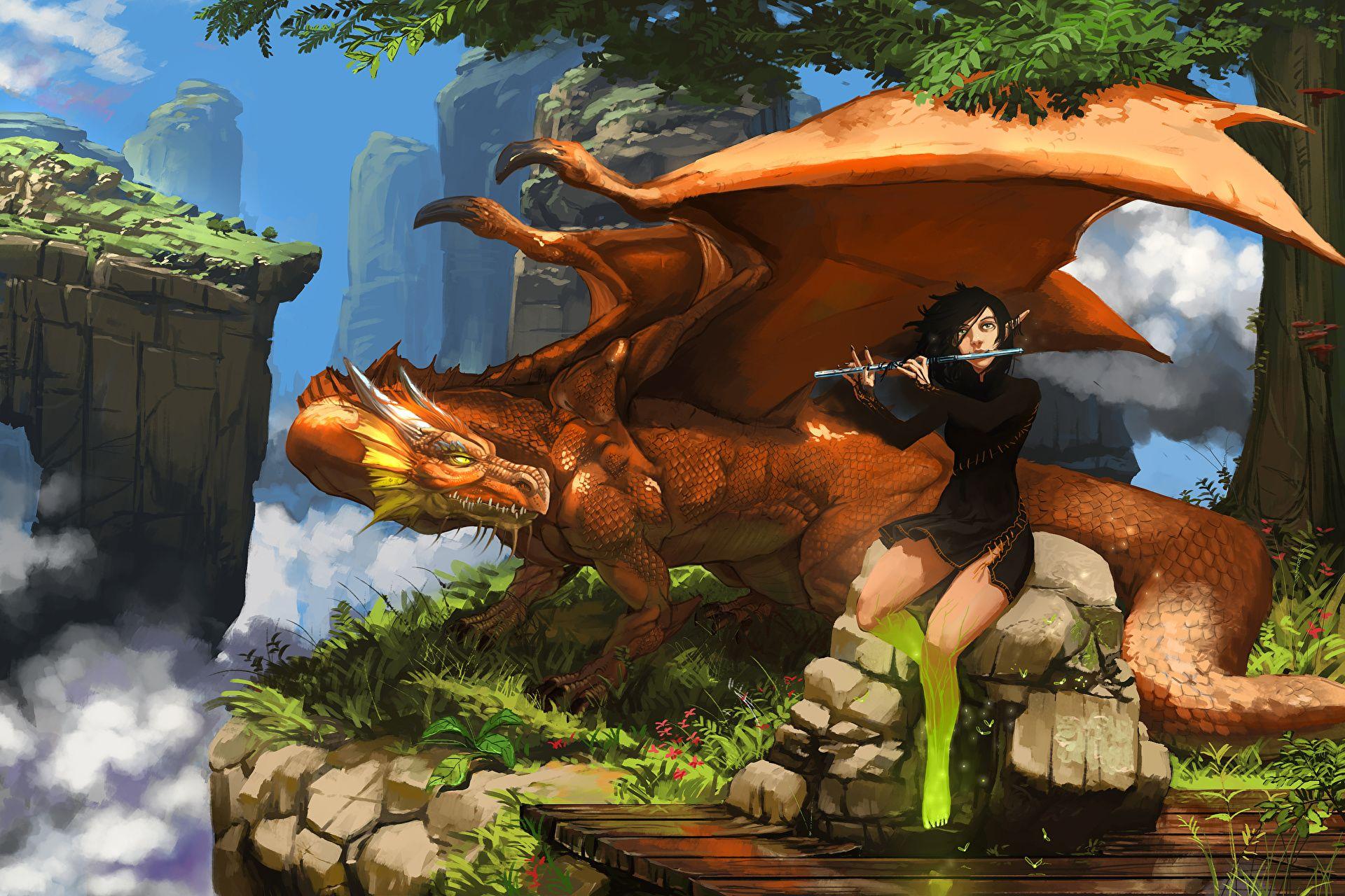 1920x1280 Image Dragons Elves Girls Fantasy 1920x1280