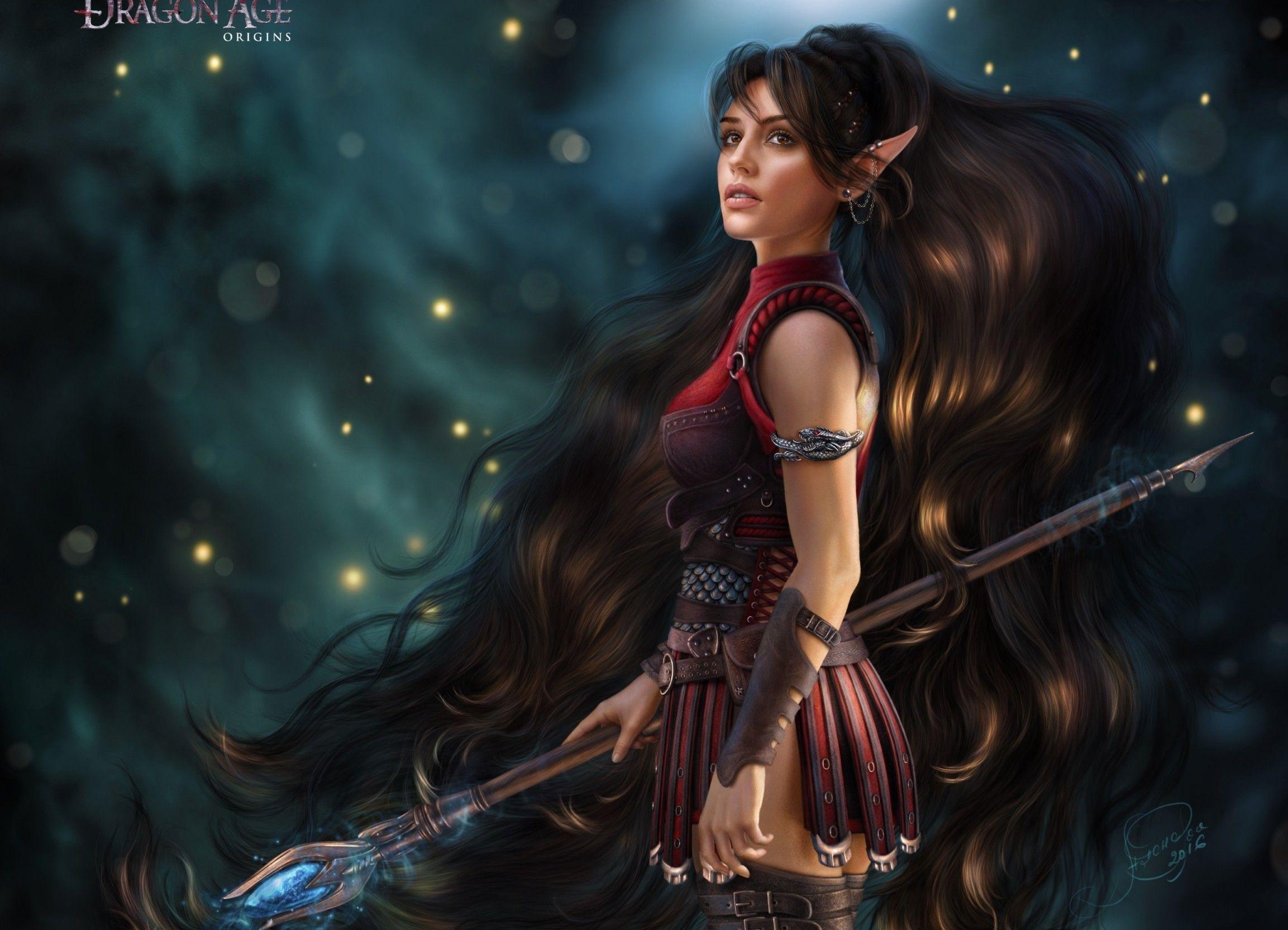 2306x1665 Download 2306x1665 Dragons Age: Origins, Fantasy Women, Elf Ears, Staff, Long Hair, Warrior, Magic Wallpaper