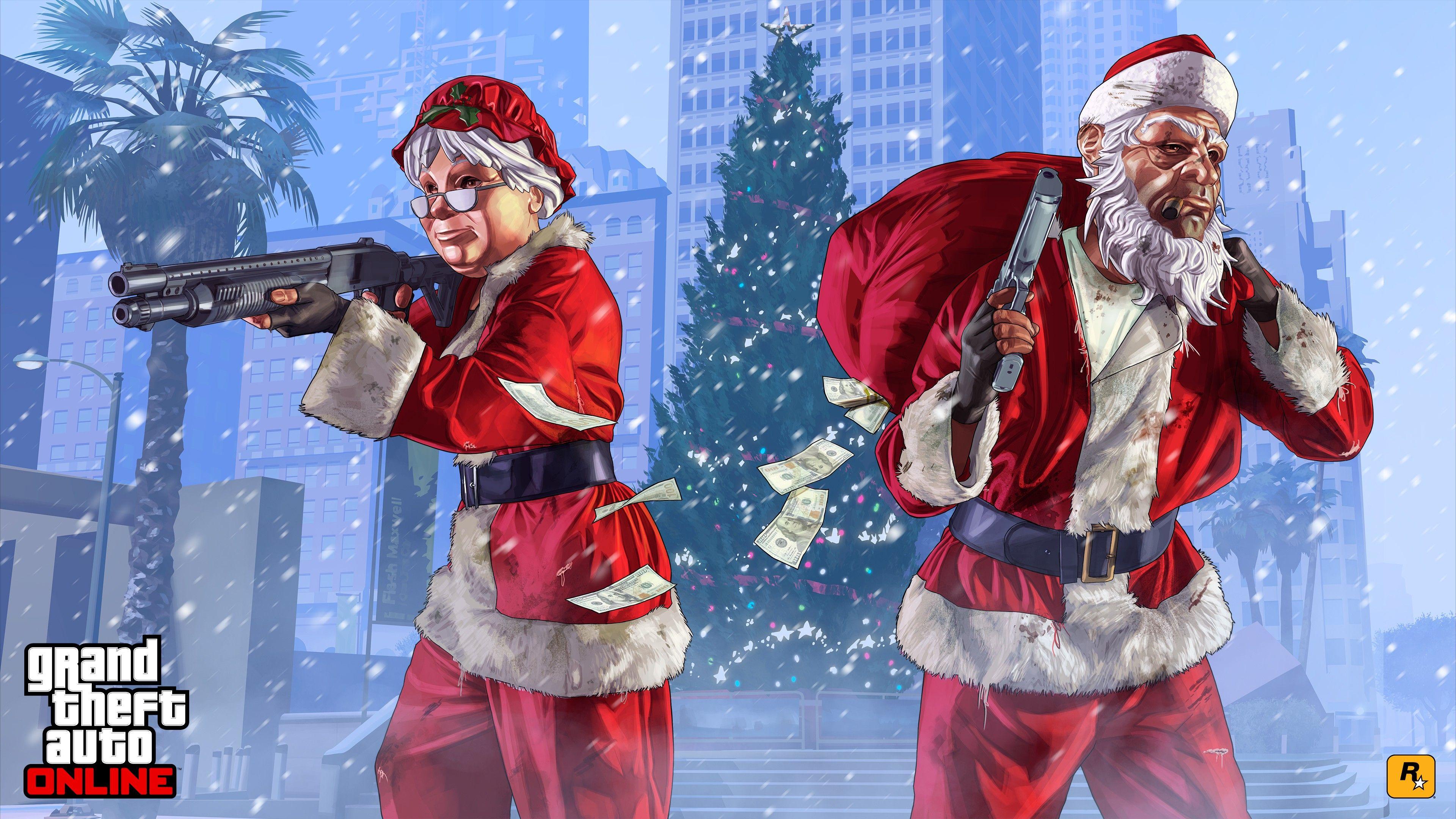 3840x2160 Grand Theft Auto V Grand Theft Auto V Online Santa Claus Gun Weapon Face Mask Rockstar Games Wallpaper:3840x2160
