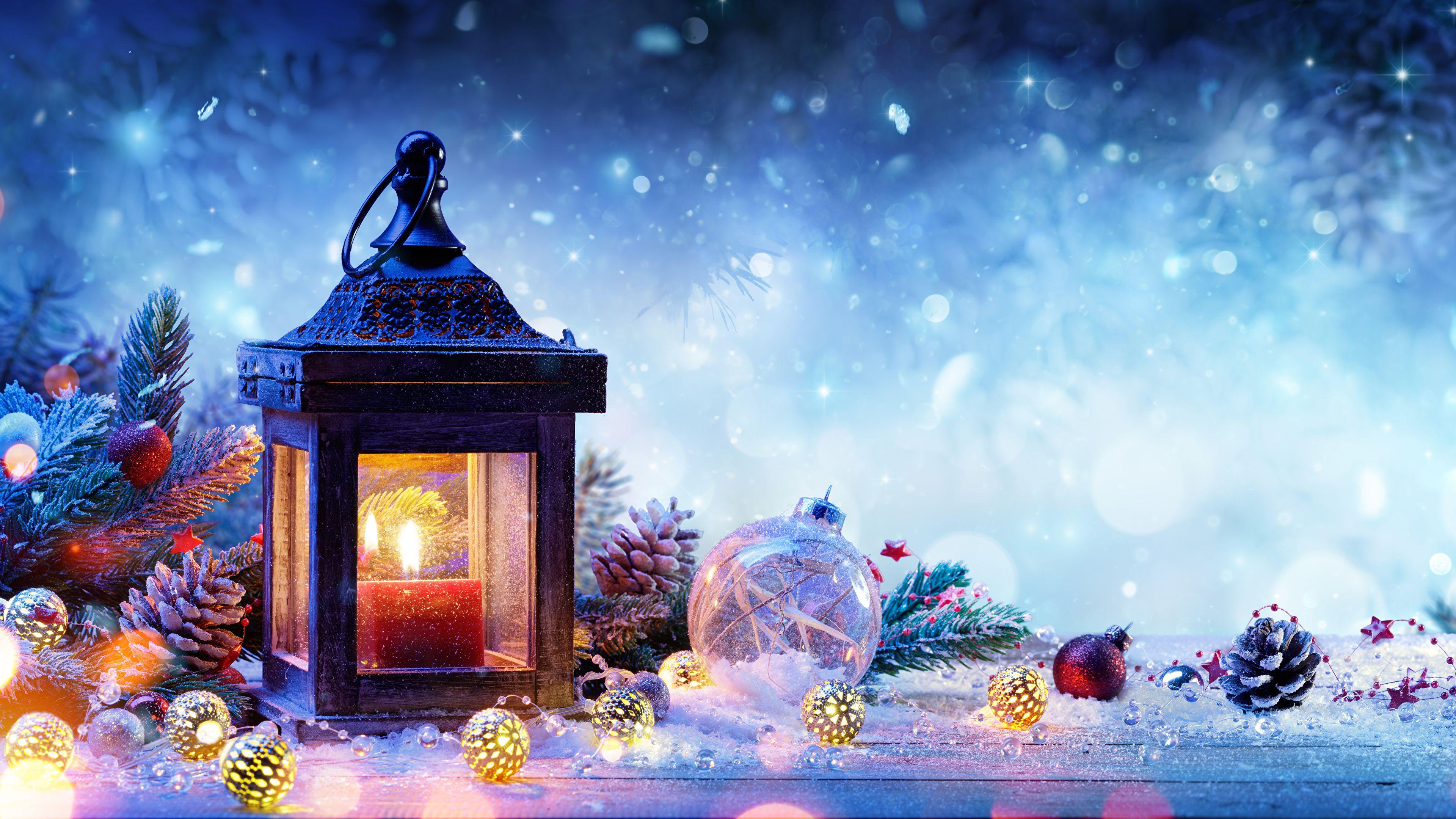 3840x2160 Photos Christmas Lantern Winter Snow Balls Candles 3840x2160