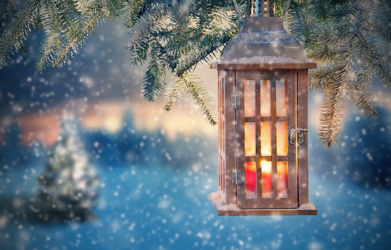 1332x850 Wallpaper snow, decoration, tree, New Year, Christmas, lantern, Christmas, snow, Merry Christmas, Xmas, decoration, candle, lantern, holiday celebration image for desktop, section новый год