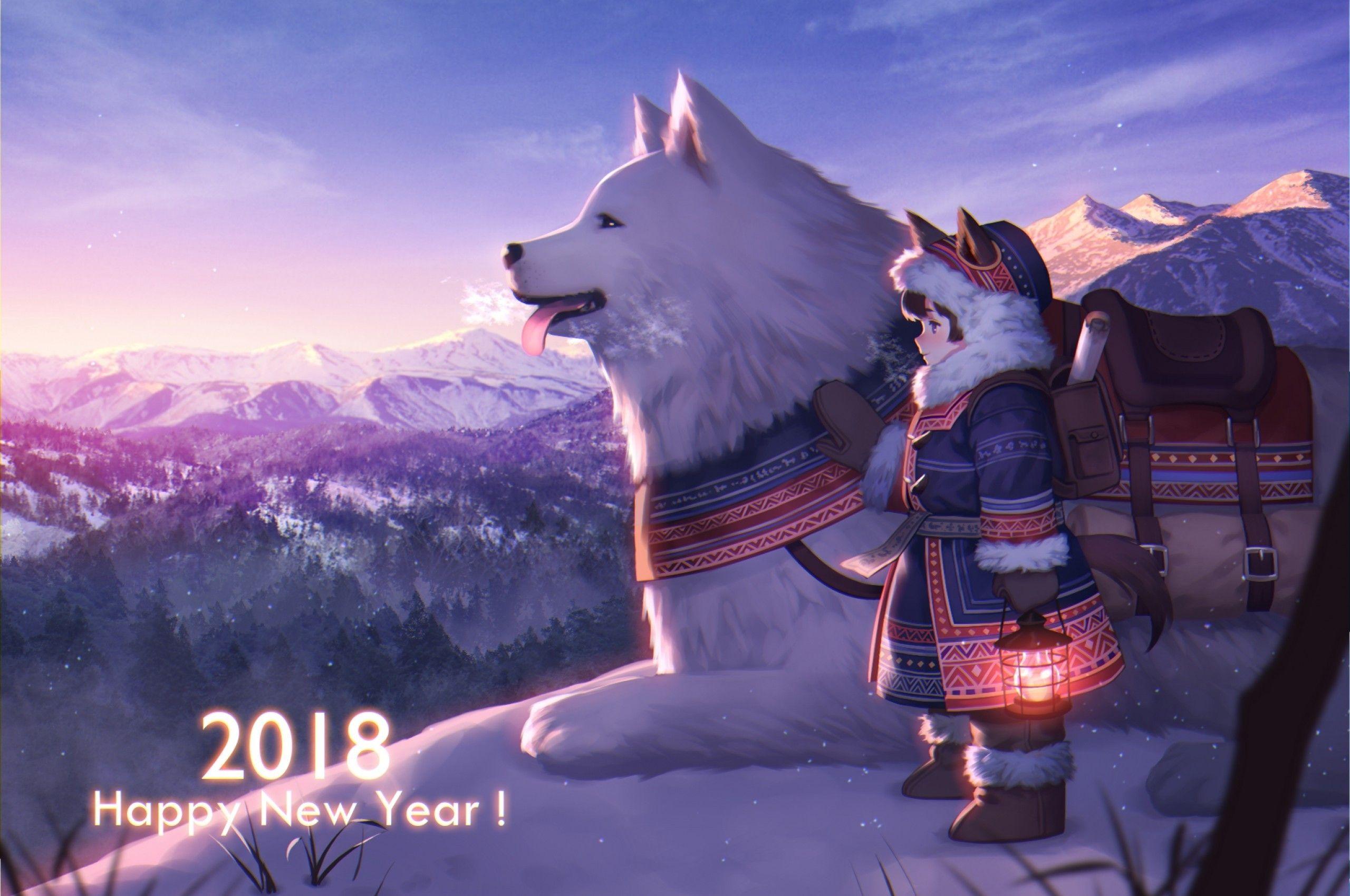 2560x1700 Download 2560x1700 Anime Girl, Wolf, Snow, Lantern, Winter Wallpaper for Chromebook Pixel