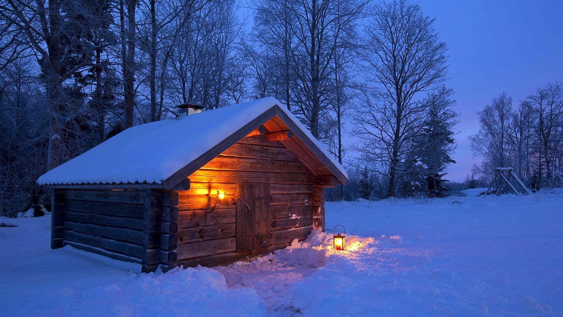 1920x1080 Winter House Night Cabin Lantern Wooden Evening Forest Trees Log Beautiful Cottage Snow Light Dusk Wallpaper Hd 1920x1080