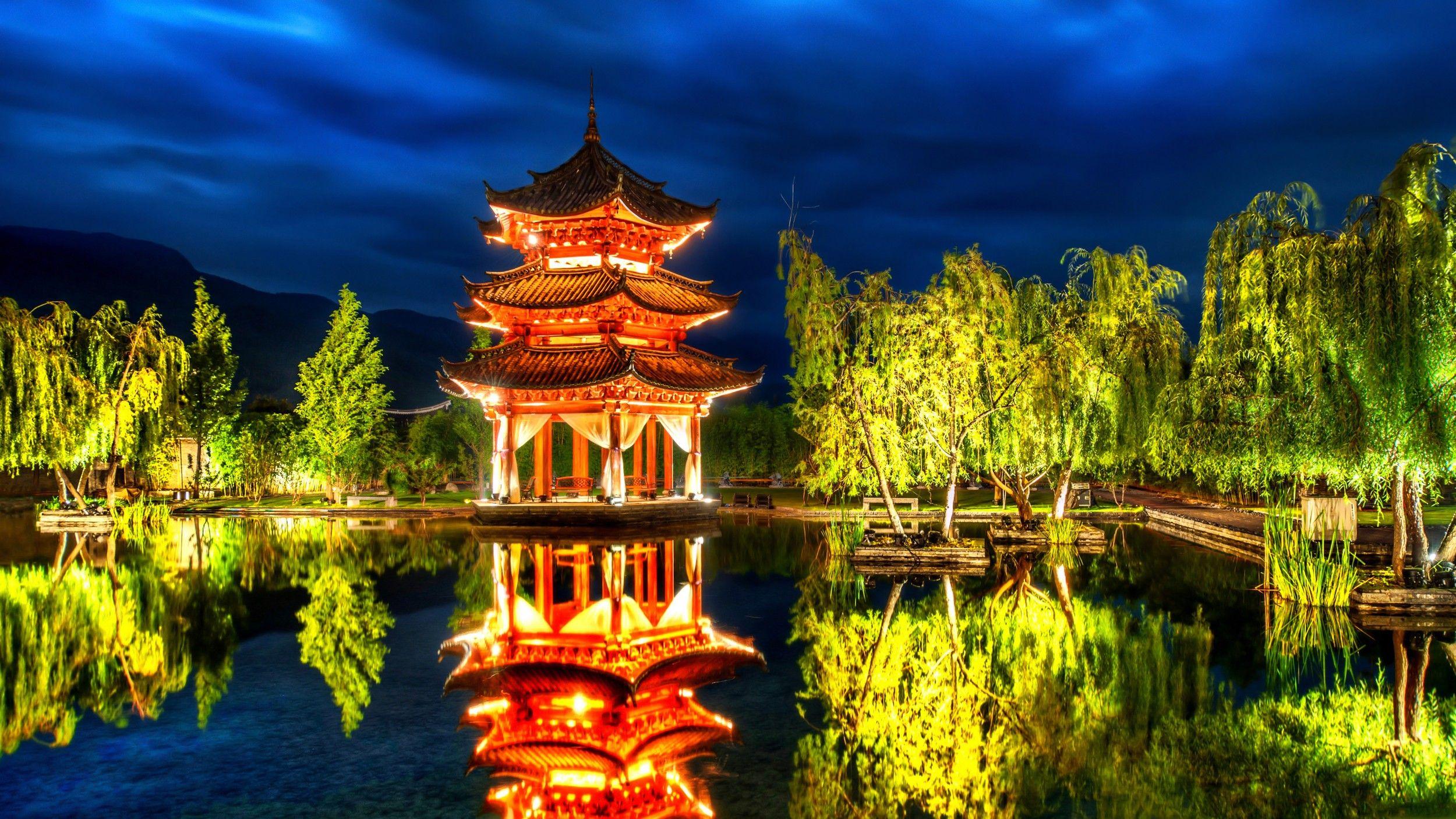 2500x1406 Misc: Japanese Bright Night Garden Green Lovely Light Trees