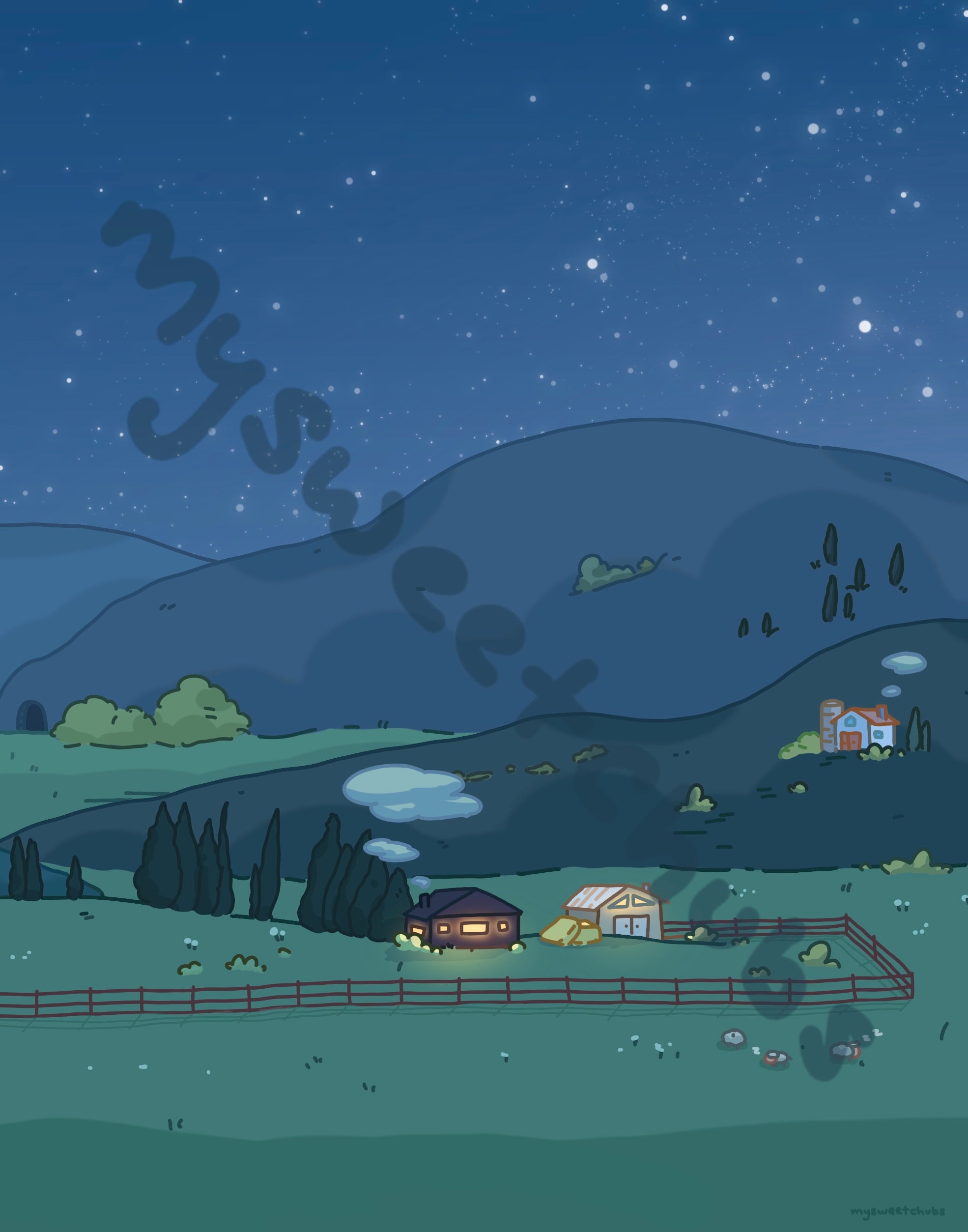 1970x2507 MySweetChubs Rural Life at Night Art Print