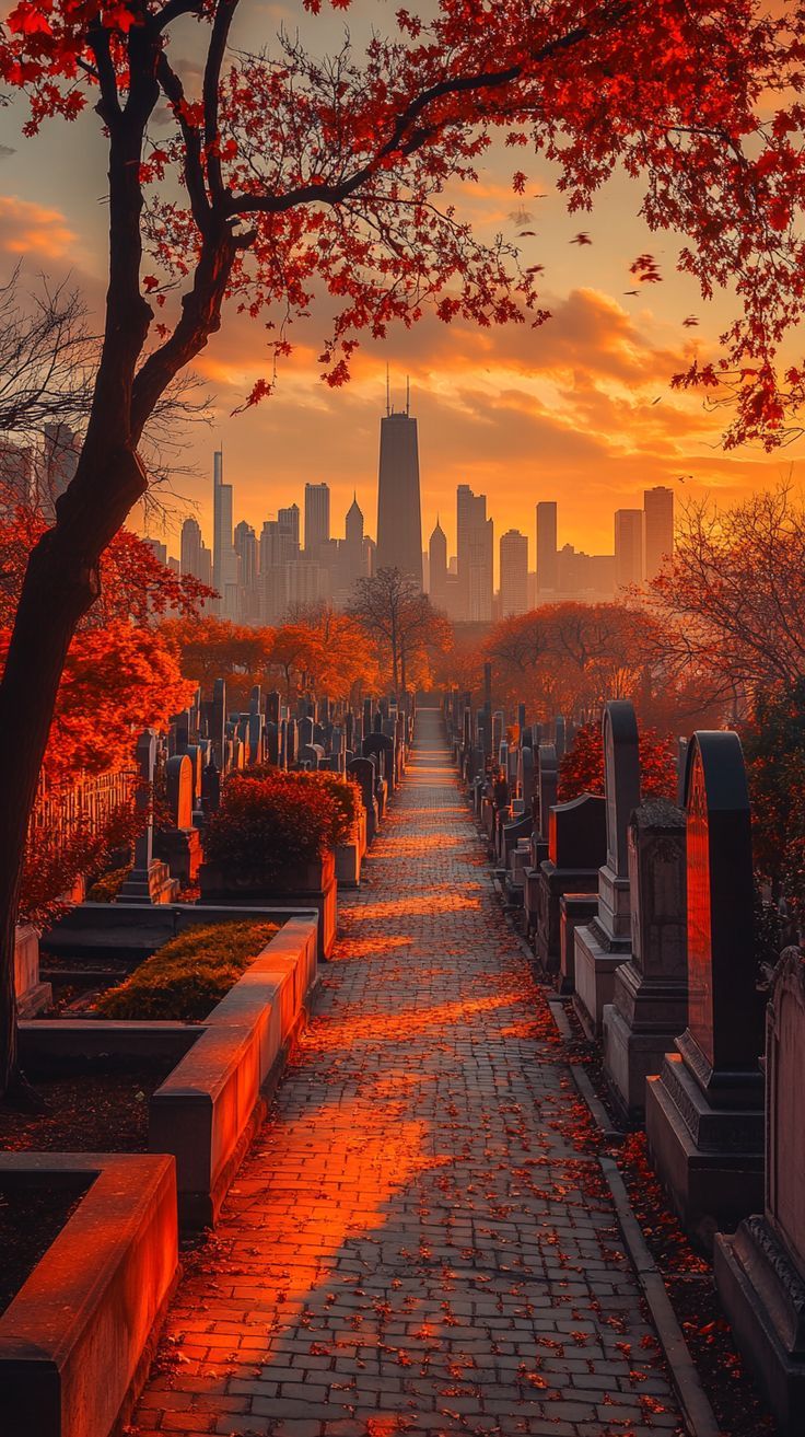 736x1313 Chicago Skyline: Vibrant Autumn Morning in Art Deco Style
