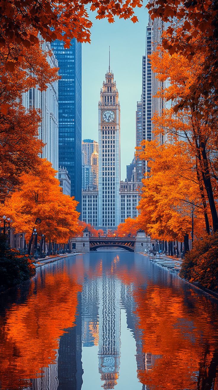 736x1313 Chicago Street in Autumn: Morning Light on Historic Architecture, 8K Vibrant Colors