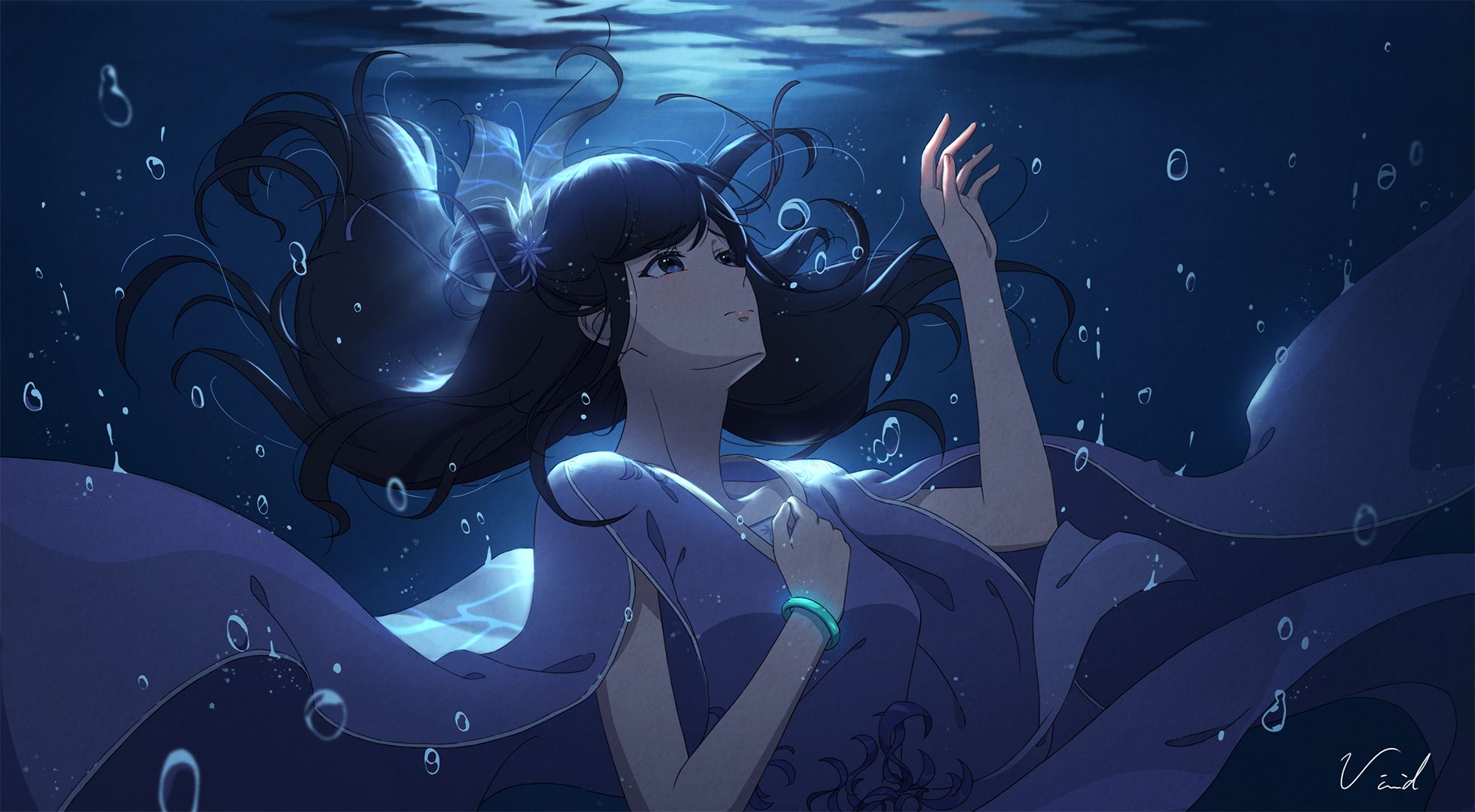 1960x1080 Desktop wallpaper: Anime, Girl, Bubble, Underwater 4K free download for PC. 972171