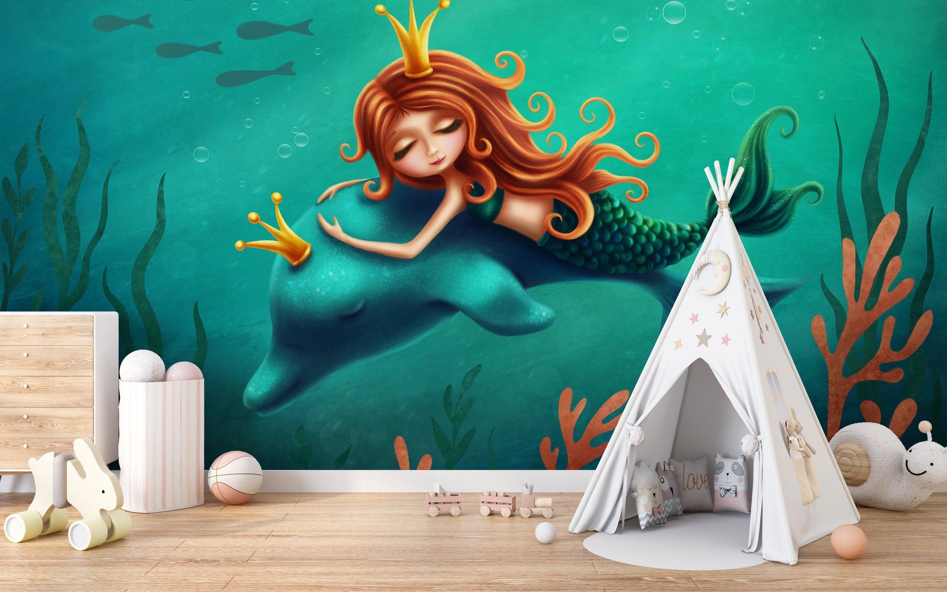 1946x1216 Underwater Mermaid Dolphin Ride Removable Wallpaper Mural