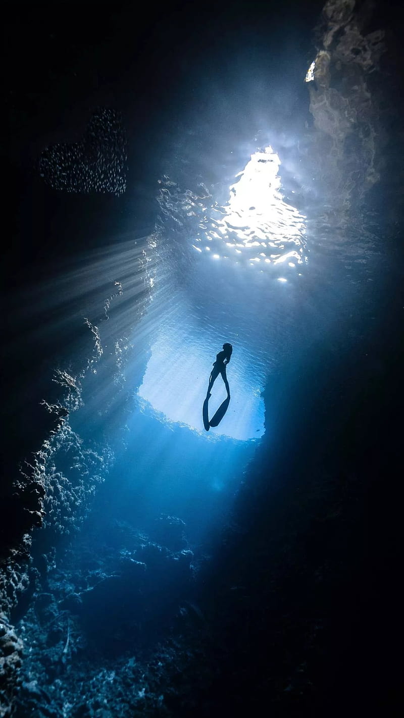 800x1422 Under the ocean, blue, dive, girl, light, nature, ocean, rocks, sea, swim, under ocean, HD phone wallpaper