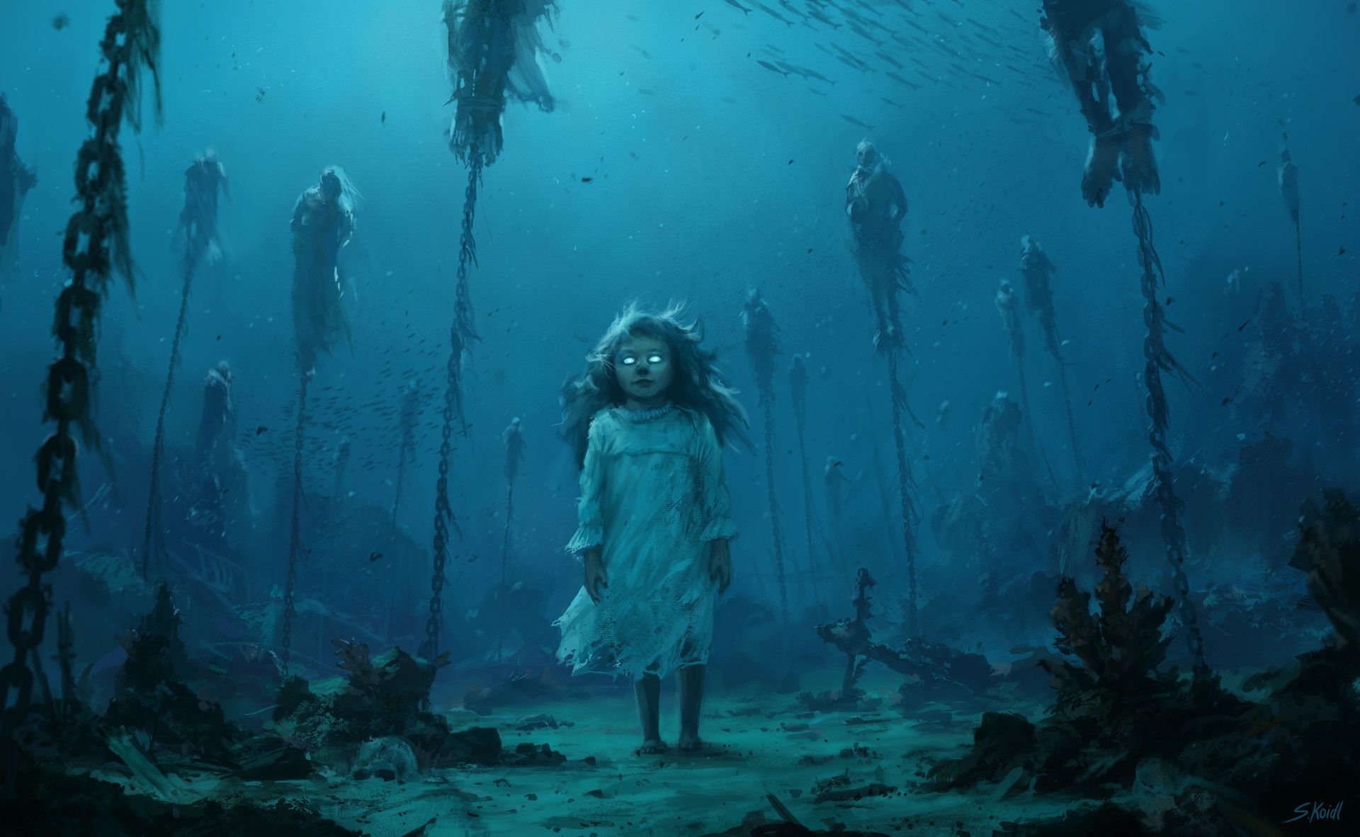 1920x1182 Desktop wallpaper: Dark, Creepy, Little Girl, Underwater 4K free download for PC. 919253