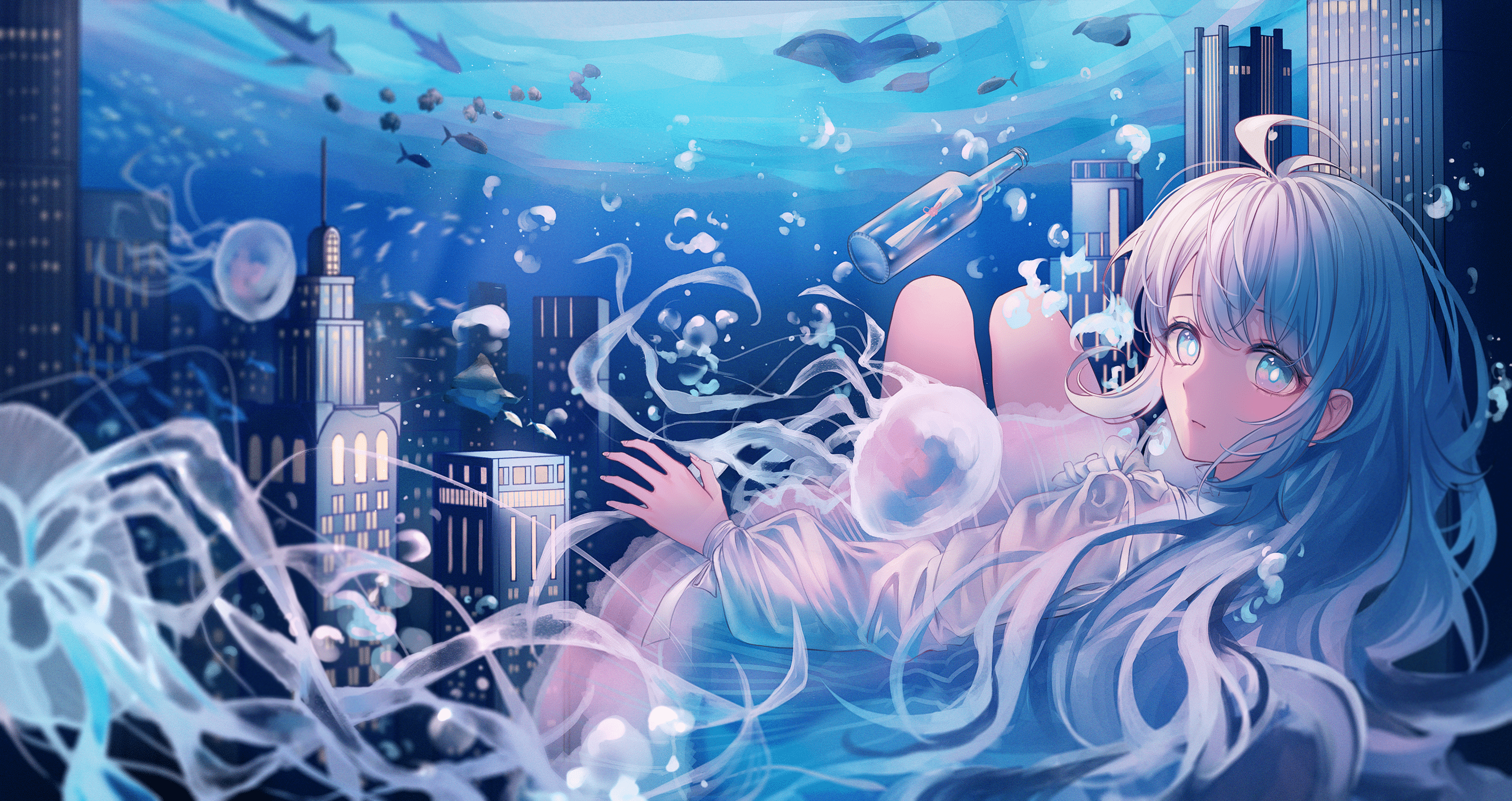 2832x1500 Download Jellyfish Underwater Bottle Anime Girl Anime Girl HD Wallpaperx1500