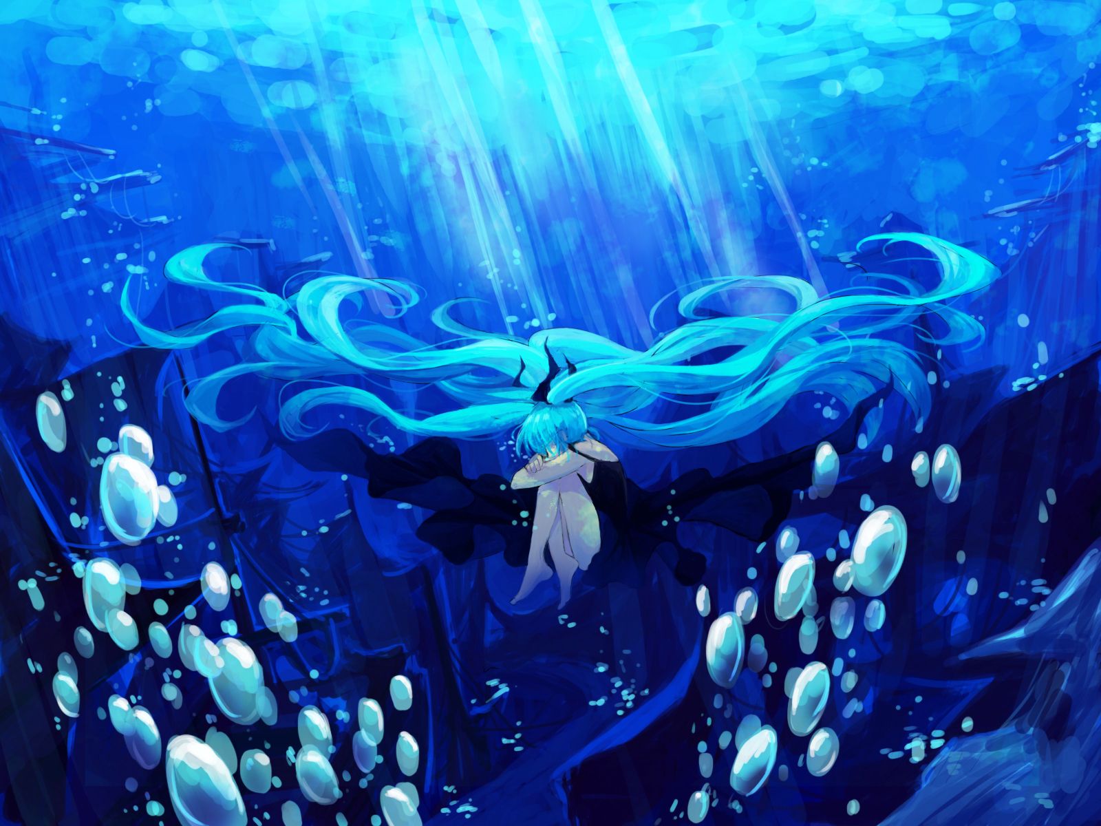1600x1200 bubbles, Deep sea, Girl, vocaloid, Hatsune, Miku, Lyrah Twintails, Underwater, Vocaloid Wallpaper HD / Desktop and Mobile Background