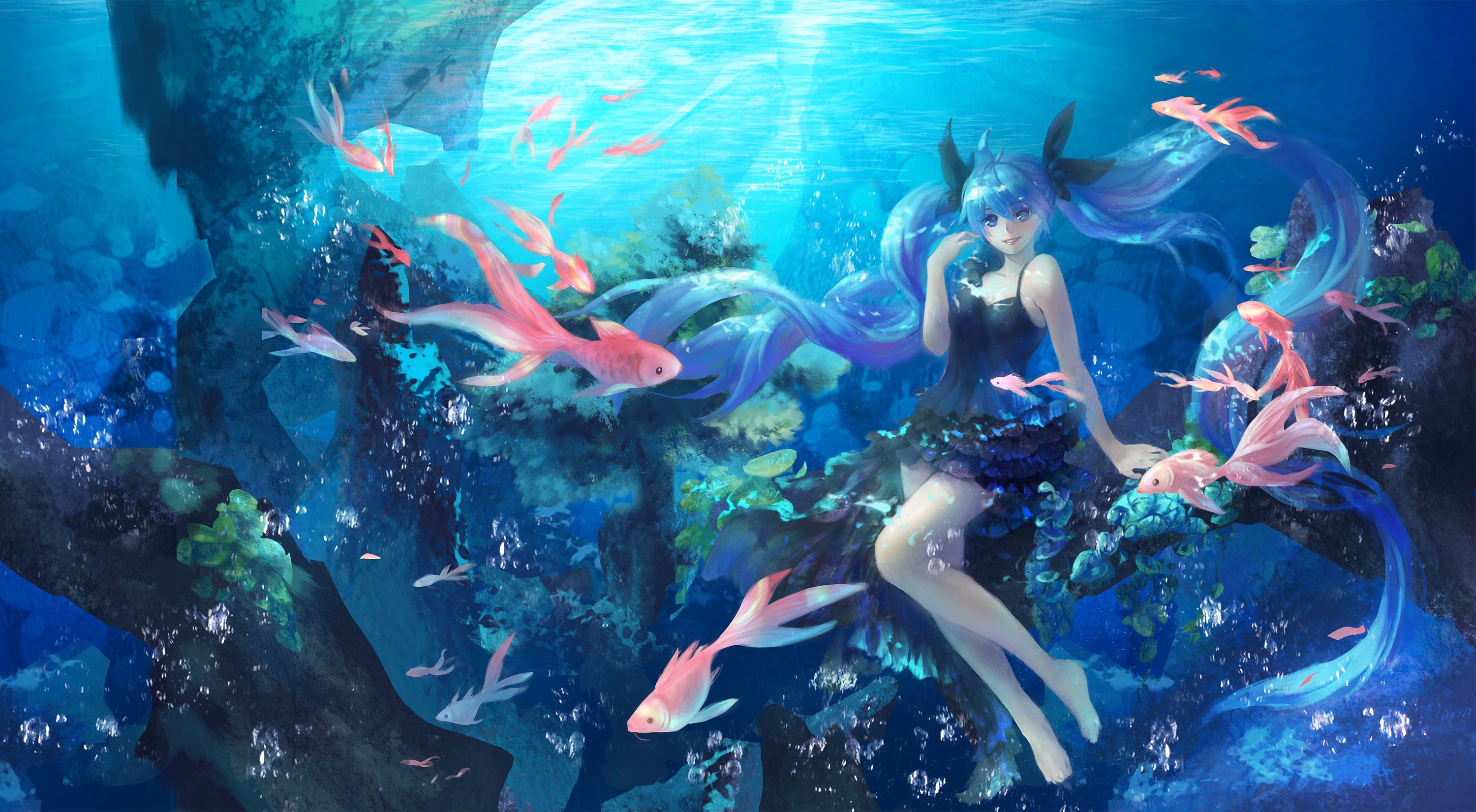 3000x1651 Wallpaper noodles, vocaloid, girl, shinkai shoujo, sea, fish, under water, art for mobile and desktop, section аниме, resolution 3000x1651
