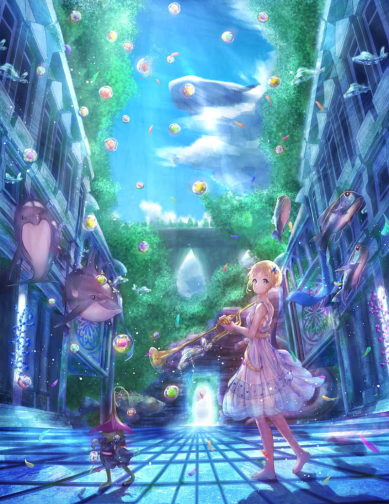 800x1038 Girl, musical instrument, underwater world, anime, art, HD phone wallpaper