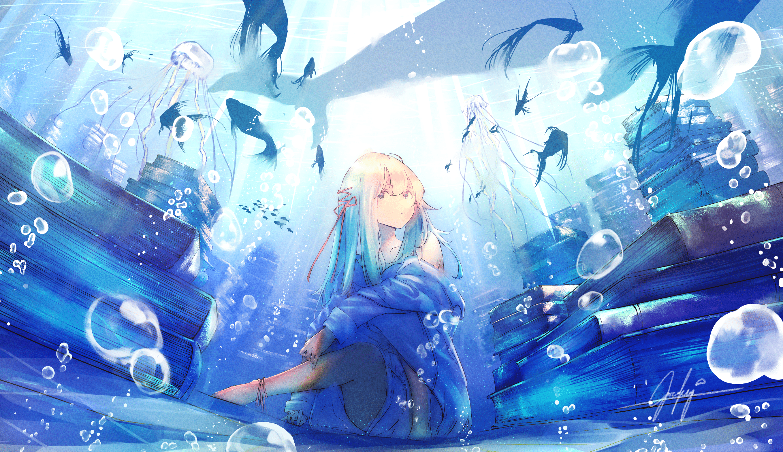 2716x1569 Underwater Anime Girl with Books Wallpaper by ごろくx1569