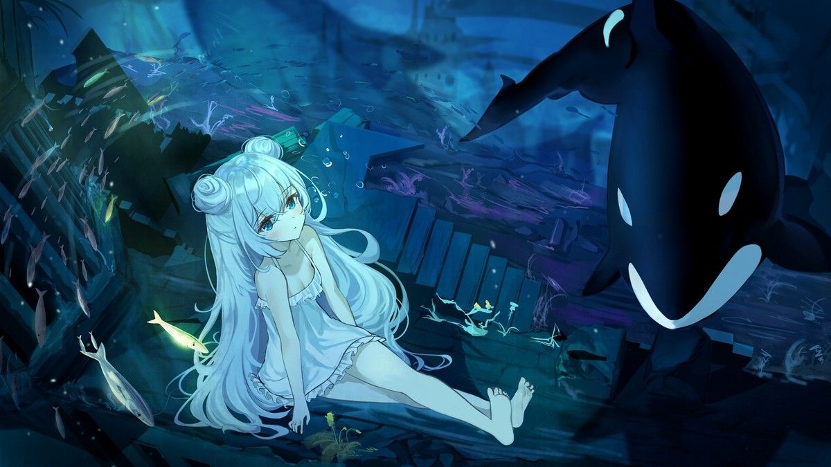 1200x675 Anime Girls Underwater Dress Barefoot Long Hair Gaming Mat Desk 42605