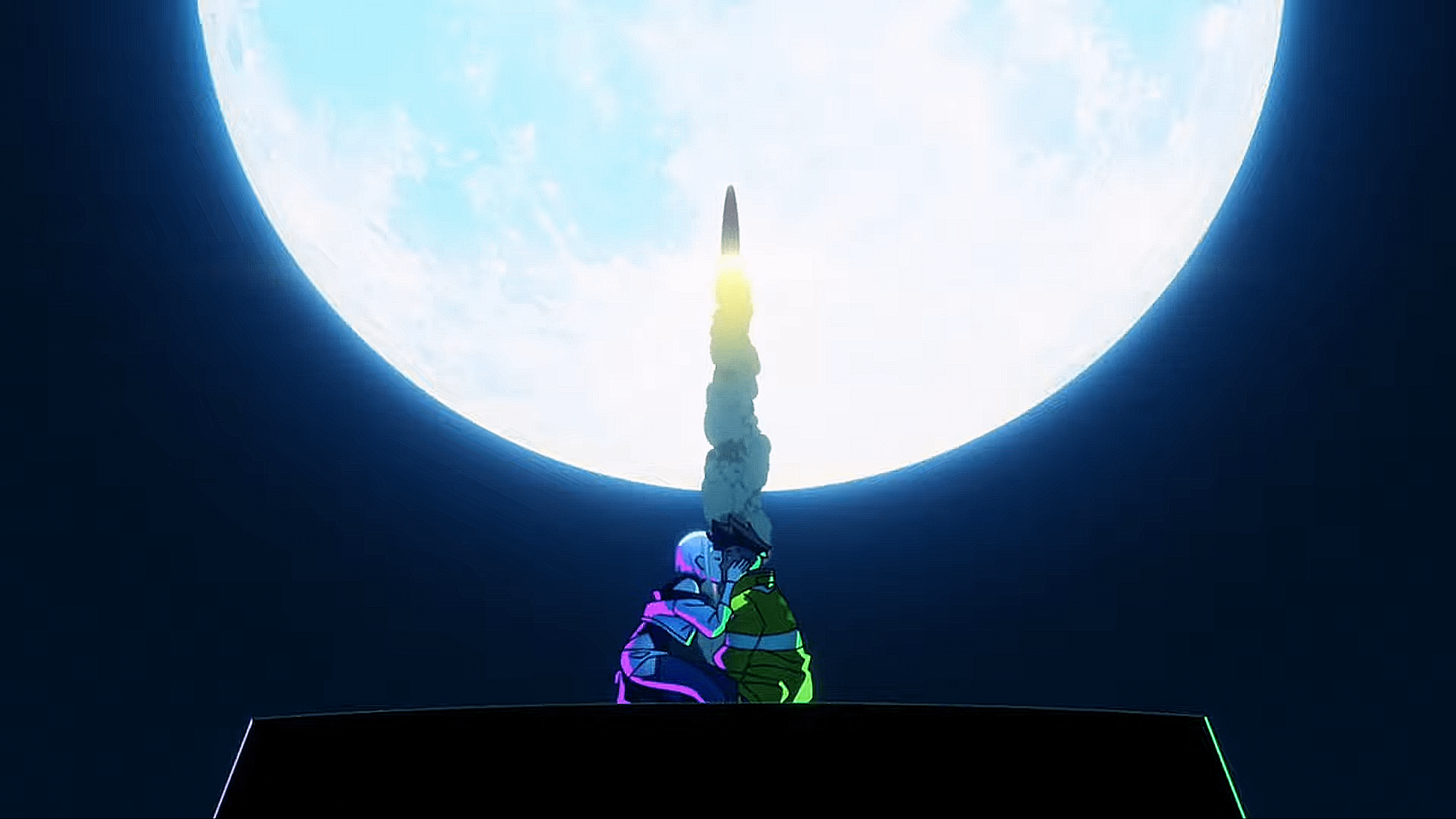 2560x1440 Cyberpunk: Edgerunners Lucy and David kiss scene with the moon in the background (Episode 4)
