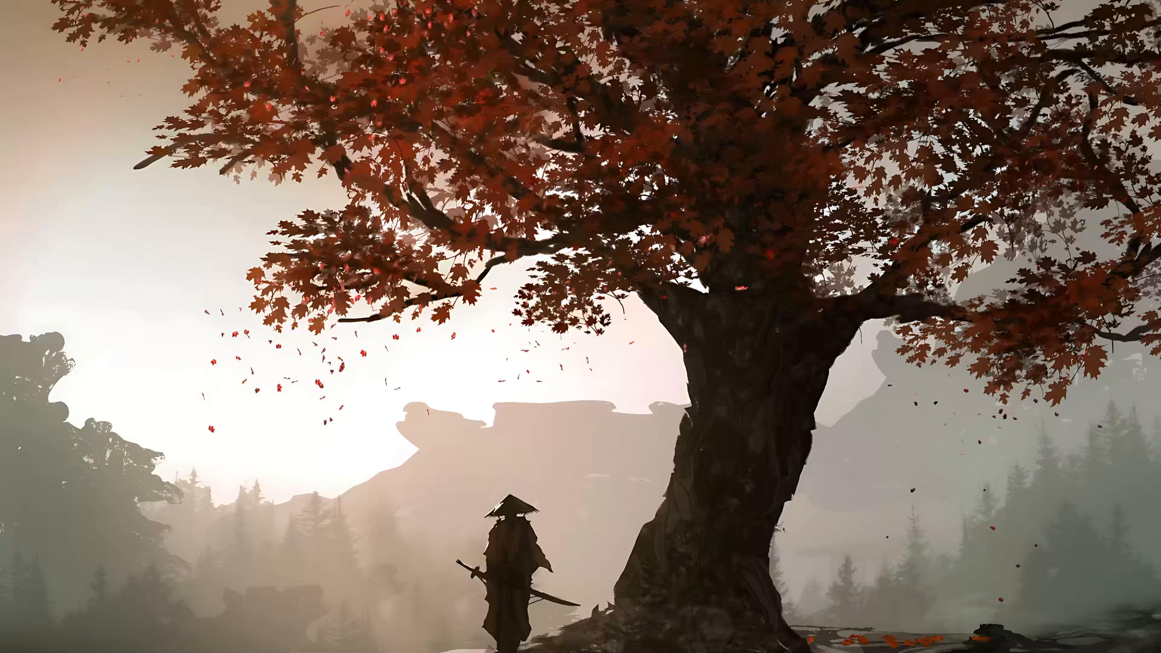 3840x2160 Samurai Near the Tree Live Wallpaper