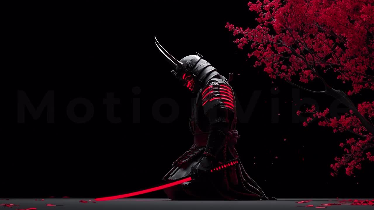 1280x720 Animated Background, Red Samurai, Hannya Demon, Sakura Tree, Neon Katana, Japanese Warrior, Twitch Stream Zoom Vtuber Background