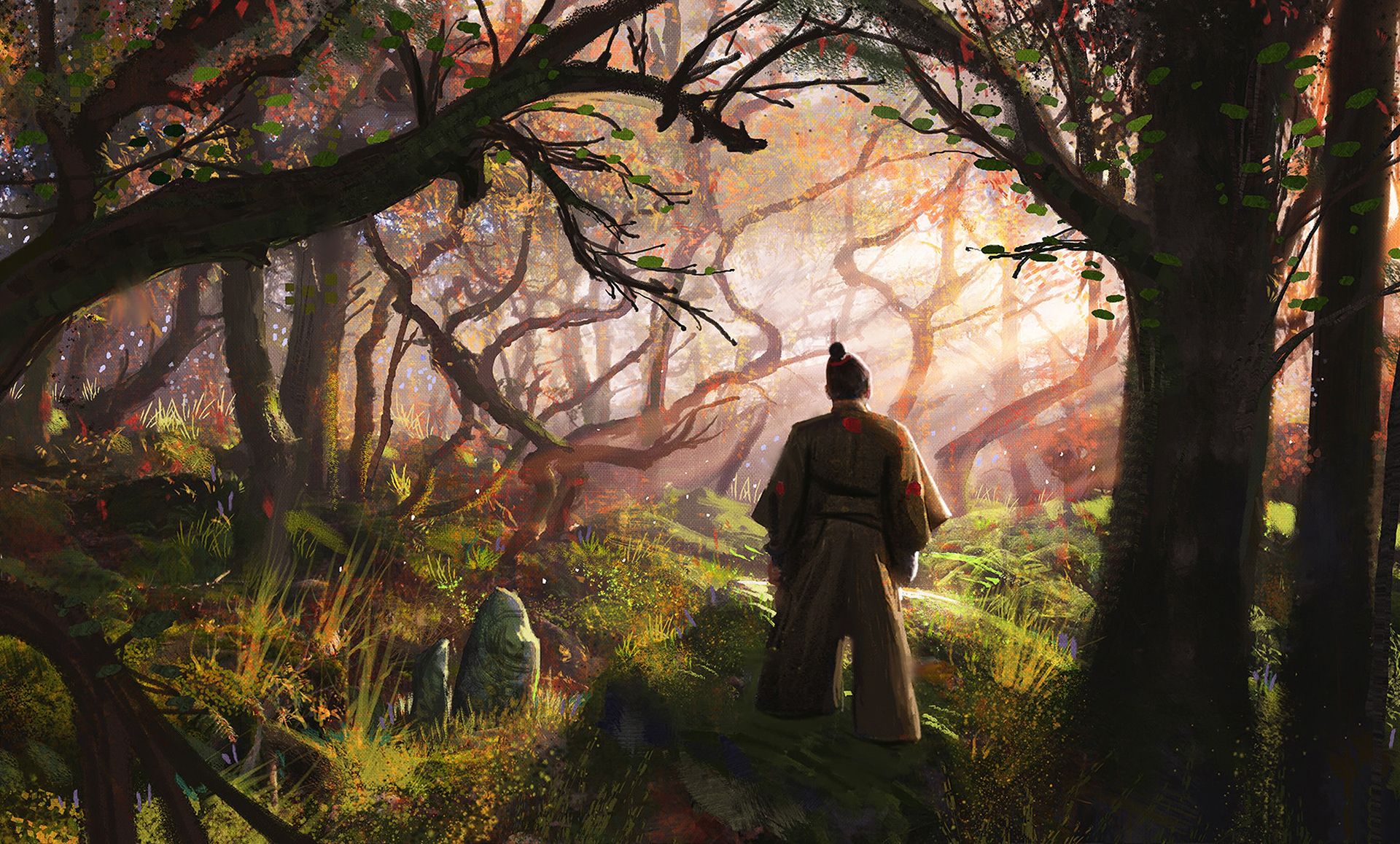 1920x1158 Desktop wallpaper: Samurai, Fantasy, Forest, Tree 4K free download for PC. 877493