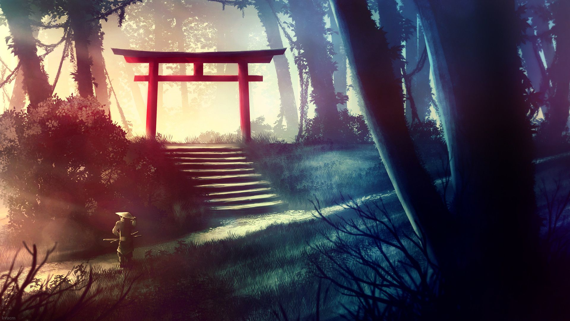 1920x1080 Phone wallpaper: Samurai, Shrine, Fantasy, Forest, Path, Tree, Warrior 844888