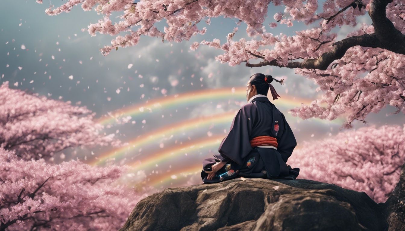 1344x768 An image inspired by the Edo period: a Samurai peacefully sitting under a cherry blossom tree with a rainbow in the background. Wallpaper [5cc8d8a63f2a418586cf]