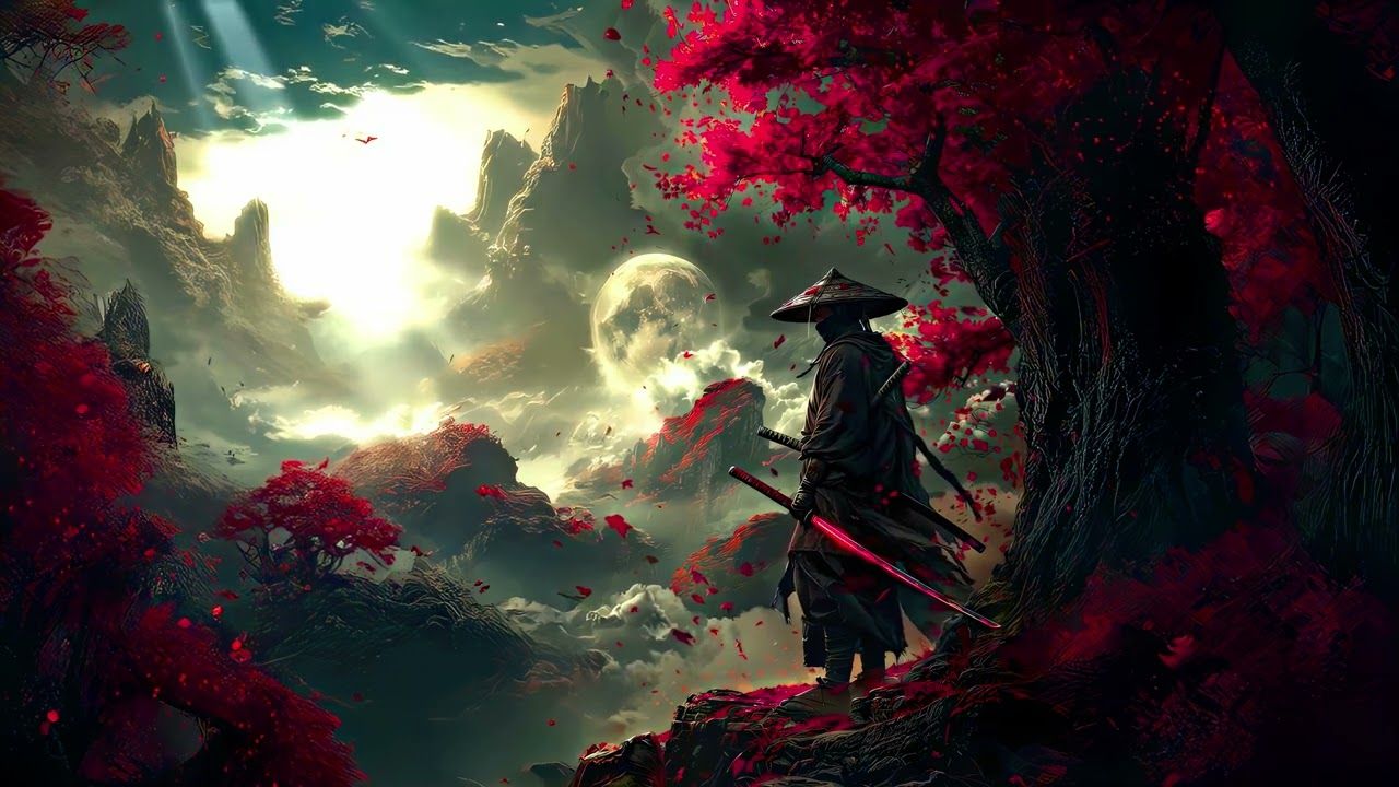 1280x720 Samurai Under the Red Tree 4K Live Wallpaper