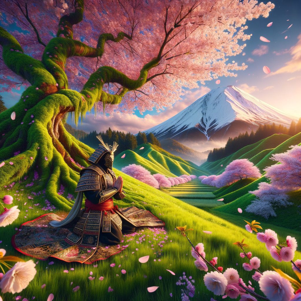 1024x1024 Samurai Praying Under Cherry Blossom Tree Landscape. Deep Dream Generator