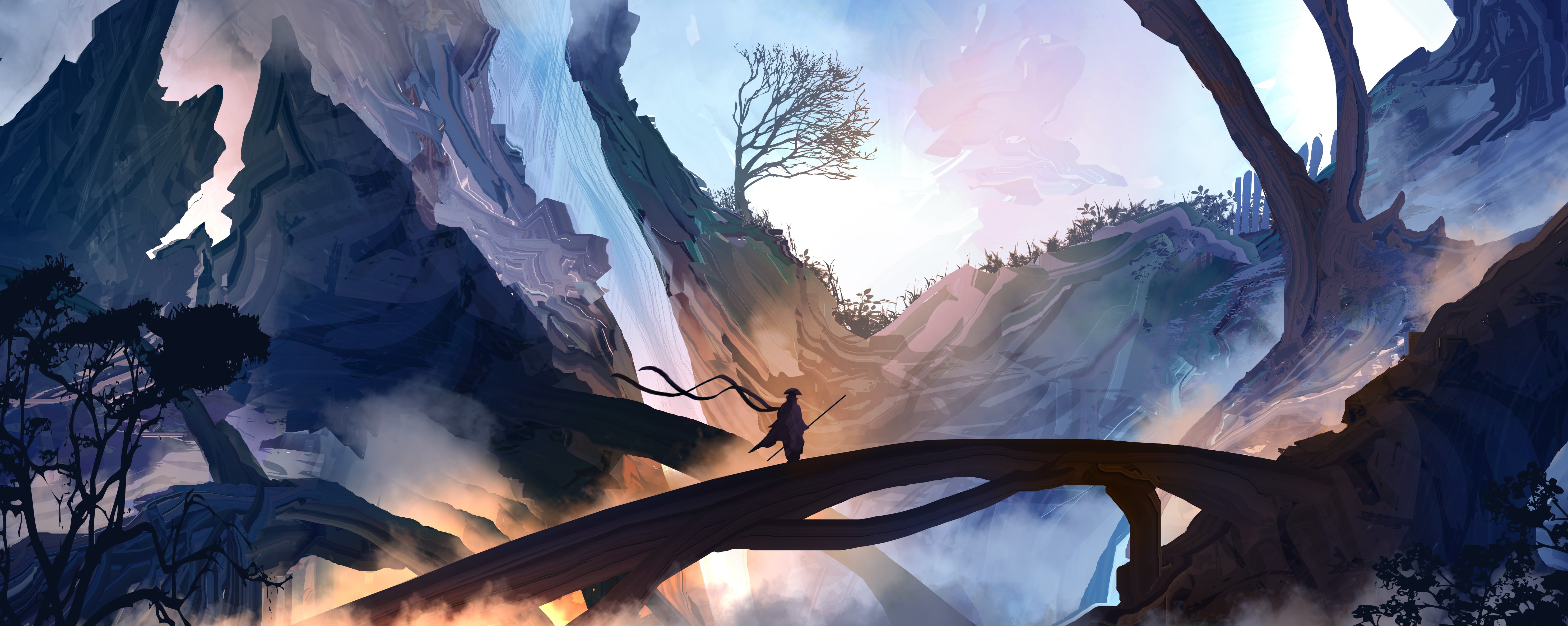 5934x2370 Man standing on tree trunk illustration, fantasy art, mountains, mist, samurai HD wallpaper