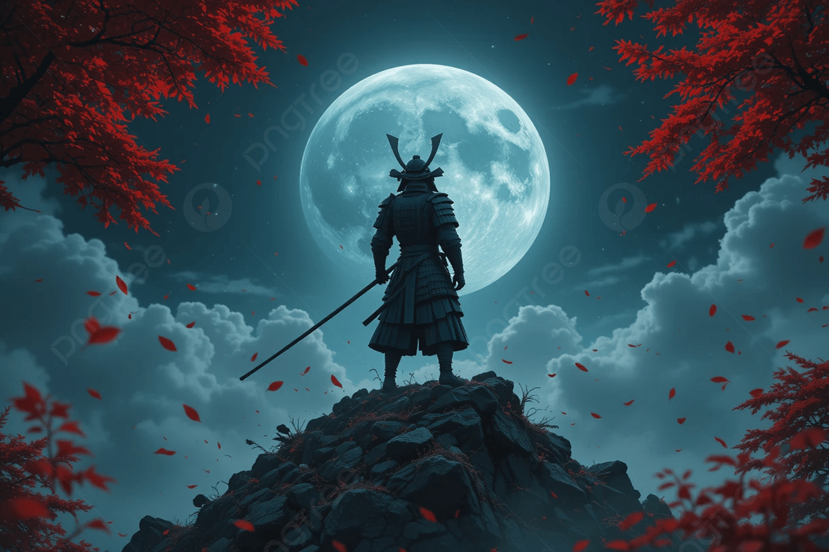 1200x800 A Samurai Standing On Top Of The World With Red Leaves Falling From Sky And An Ominous Moon In Background, Samurai Standing, World With Red Leaves, Sky And An Ominous Moon Background