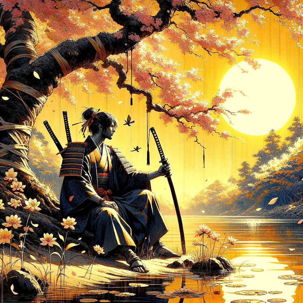 1024x1024 Samurai by River Under Cherry Blossom Tree at Sunset. Deep Dream Generator