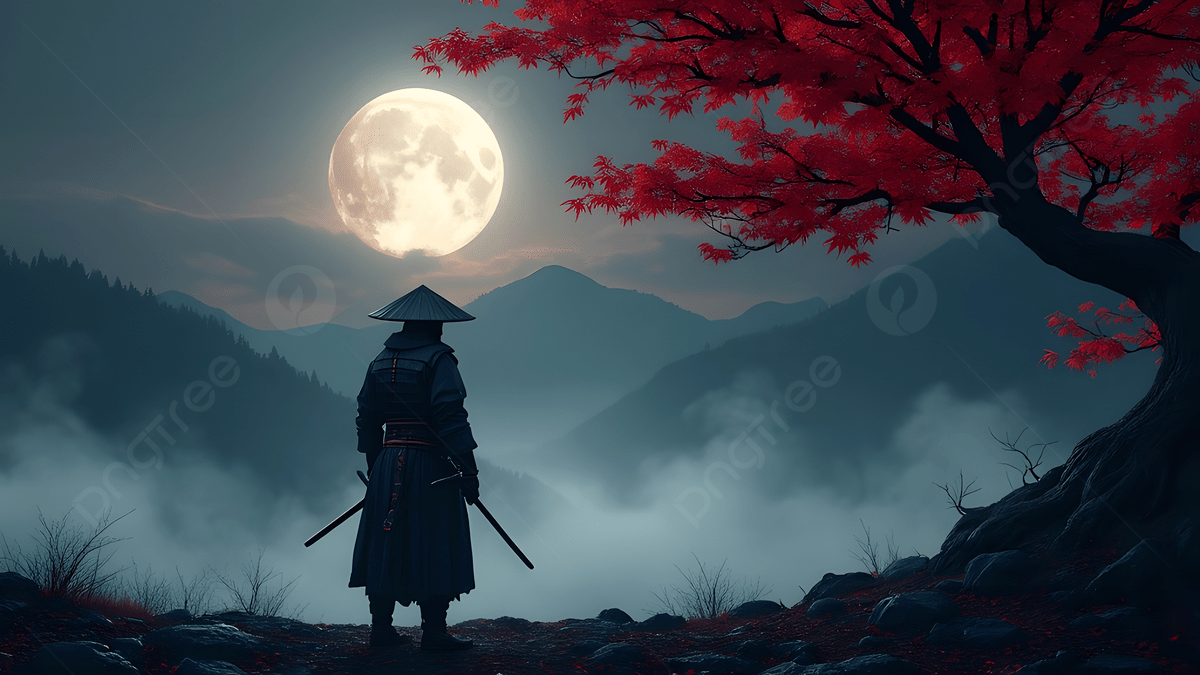 1200x675 Samurai Silhouette Moonlit Night Red Maple Tree, Samurai Silhouette, Moonlit Night, Japanese Landscape Background Image And Wallpaper for Free Download