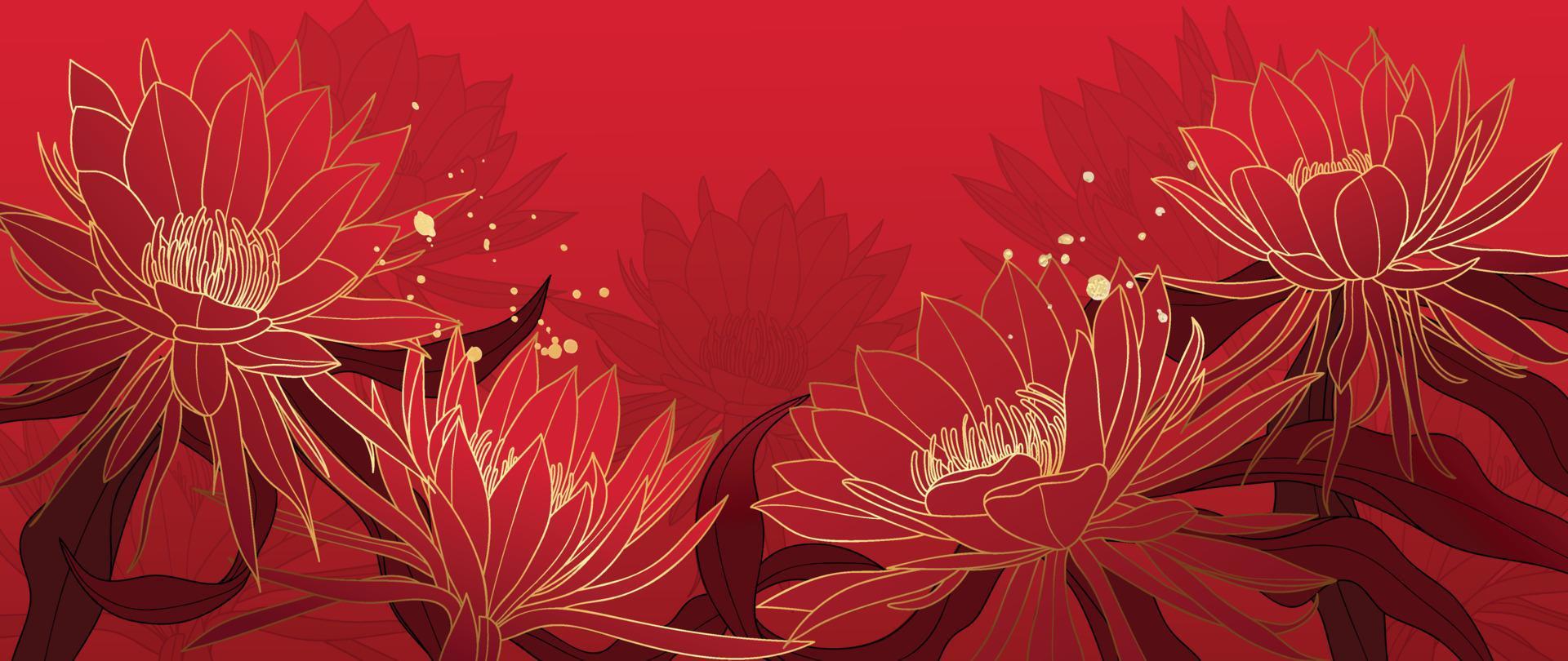 1920x810 Happy Chinese new year luxury style pattern background vector. Oriental cactus flower gold line art texture on red background. Design illustration for wallpaper, card, poster, packaging, advertising