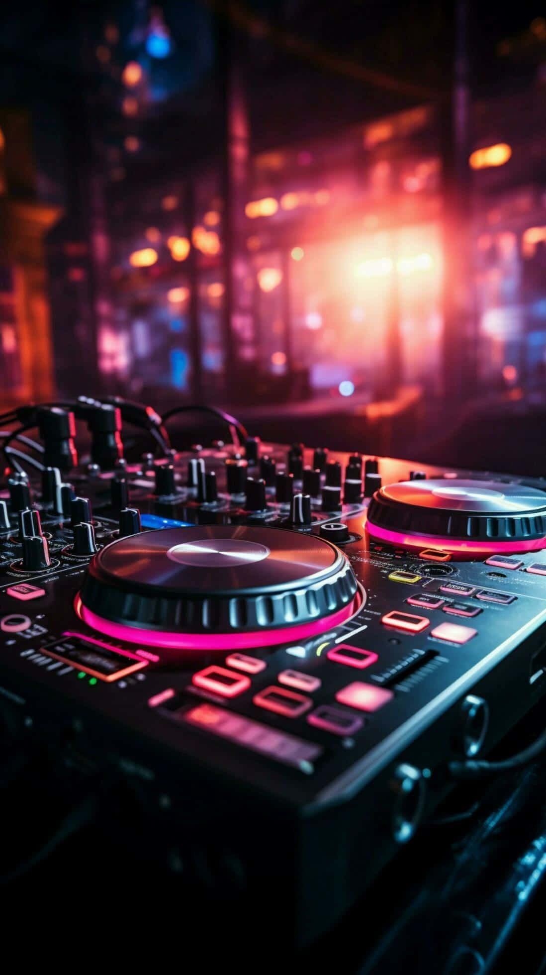 1098x1960 Download Vibrant D J Deck Nightclub Scene Wallpaper
