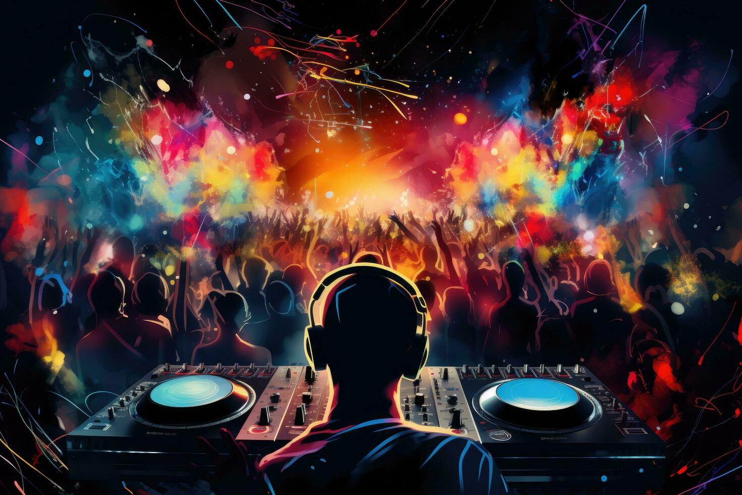 1470x980 AI generated DJ mixing music on dj's deck at night club with crowd of people, DJ night club party rave with the crowd in a music festival, AI Generated 34978284