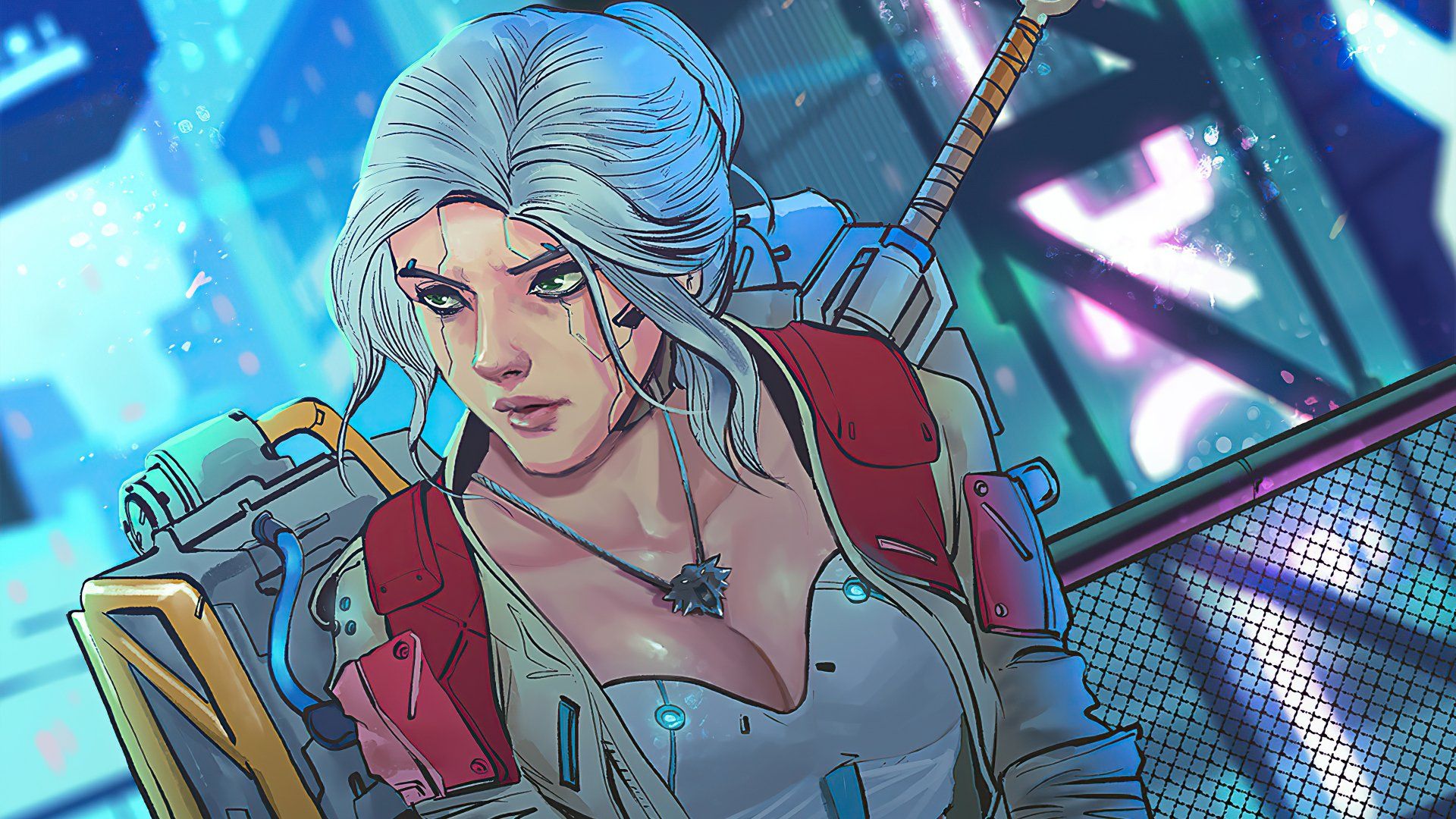 1920x1080 Download Woman Warrior White Hair Ciri (The Witcher) Sci Fi Cyberpunk 4k Ultra HD Wallpaper