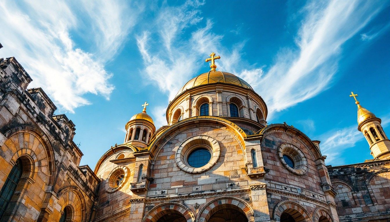 1344x768 Download Golden Sacred Domes Image, Byzantine, Church