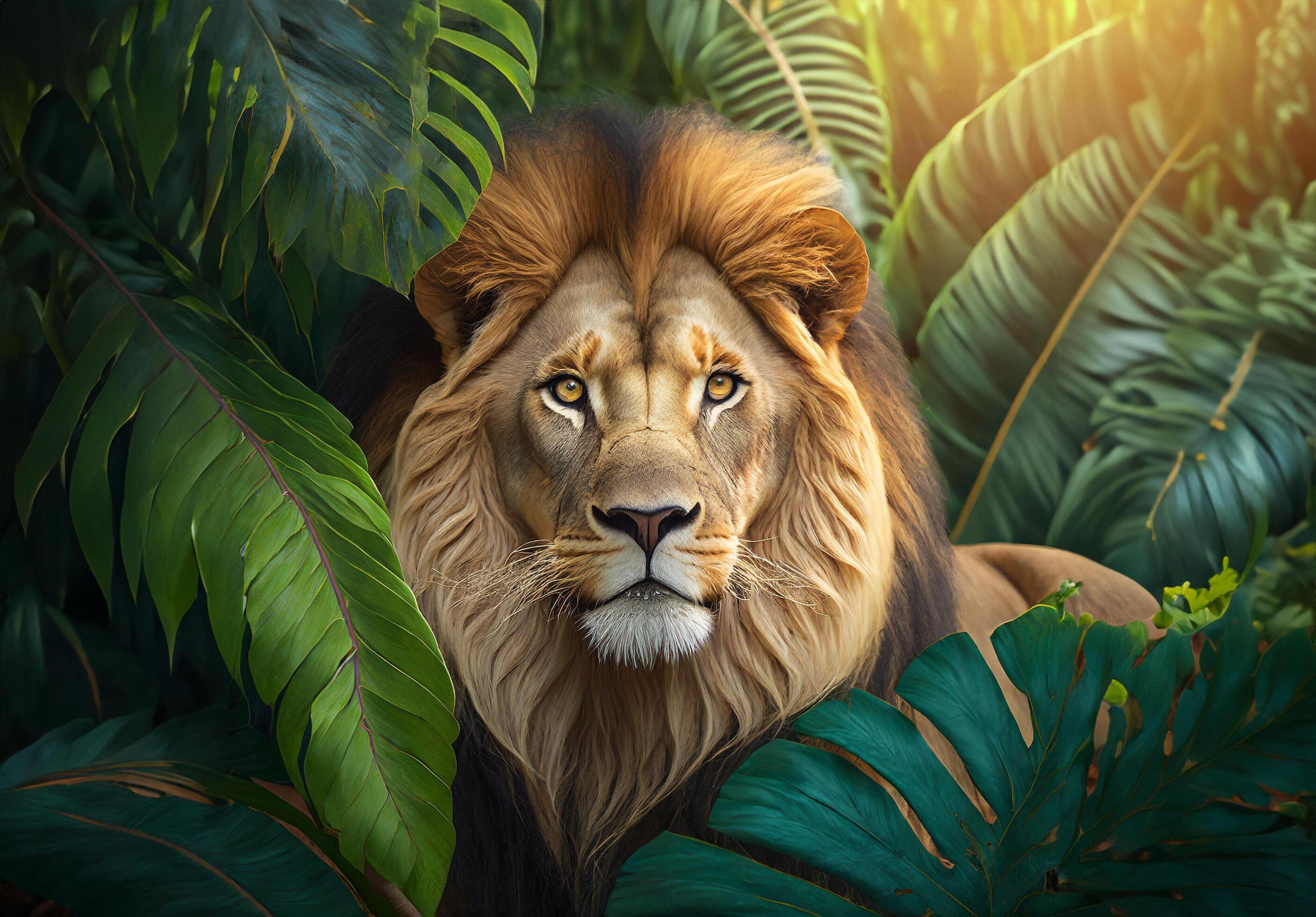2812x1960 Lion in tropical leaves portrait, elegant tropical animal, wild king of the rainforest jungle
