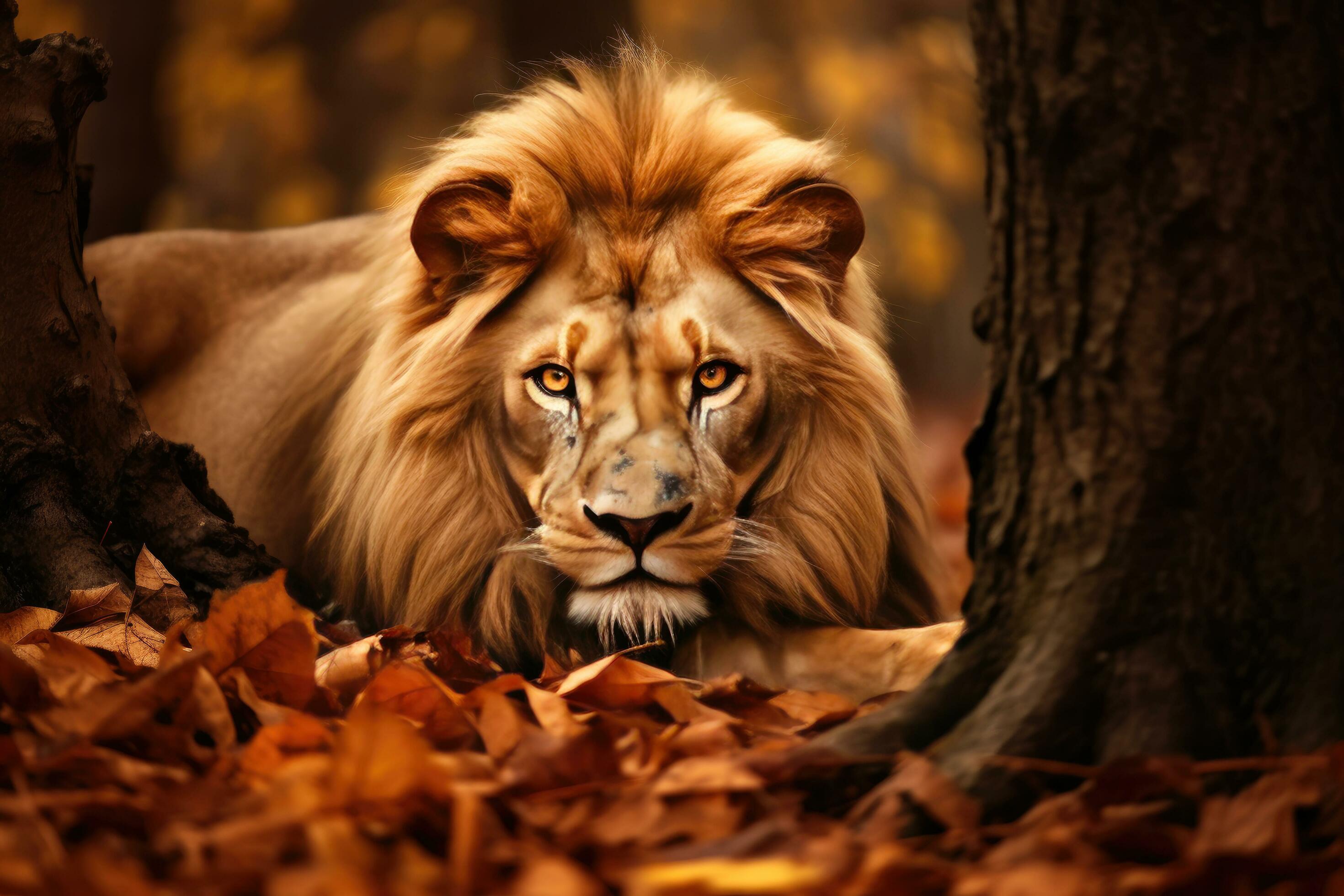 2940x1960 Portrait of Leo Lion hiding or lurking in the forest hunting for preys, animals wildlife concept, Animal in the jungle, dangerous time