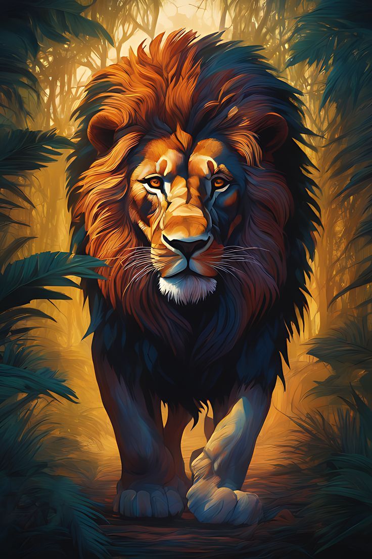 736x1104 Lion walking out of darkness and mashy jungle dark scenery african art style