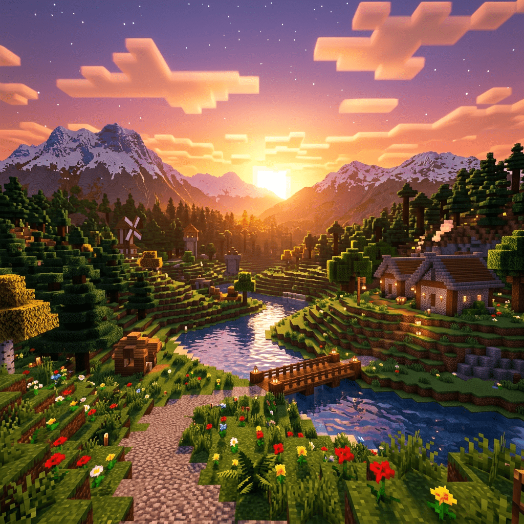 1024x1024 Enchanting Minecraft Landscape: Sunset & Shader Pack. AI Art Generator. Easy Peasy.AI