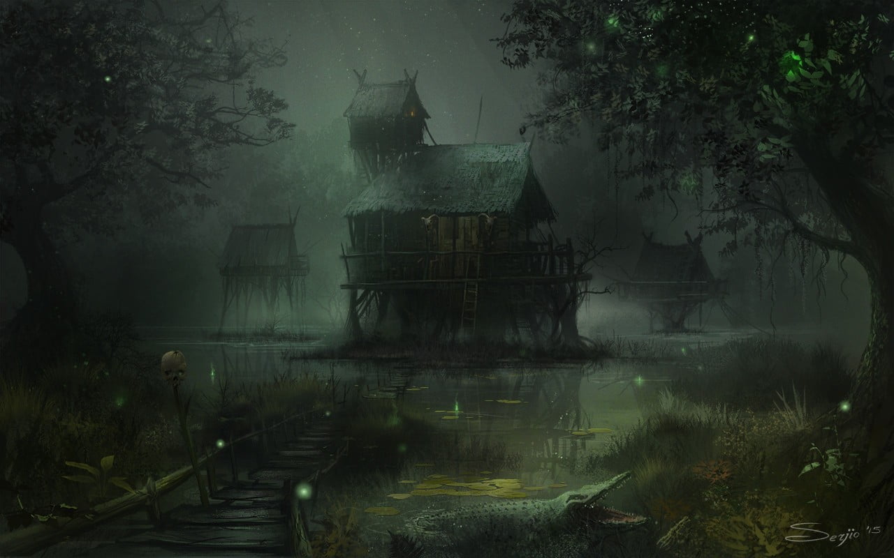 1280x800 Gray wooden house, swamp, digital art, dark, watermarked HD wallpaper