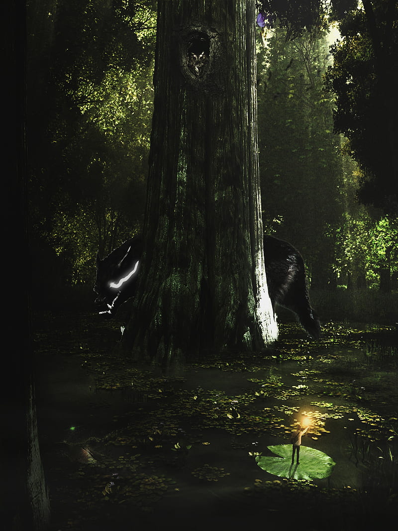800x1067 Swamp, wolf, crocodile, glowing eyes, owl, butterfly, trees, HD phone wallpaper