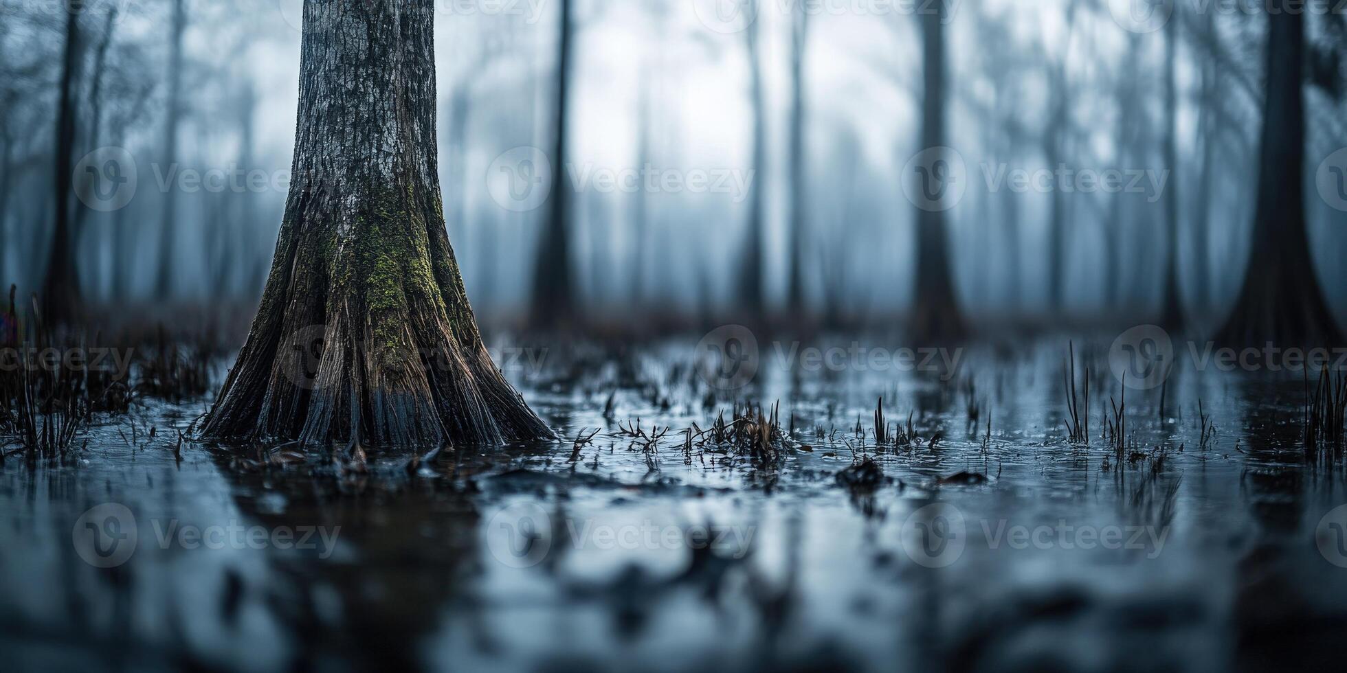 1960x980 Foggy swamp landscape with cypress trees at dusk