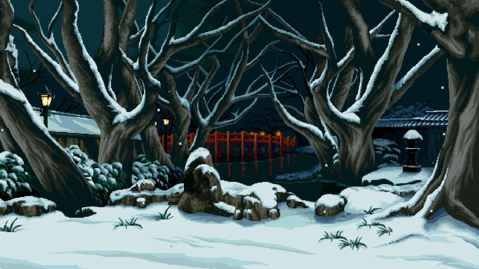 1920x1080 digital art, Pixel art, Pixelated, Pixels, Nature, Landscape, Trees, Winter, Snow, Bridge, Stones, House, Lamp Wallpaper HD / Desktop and Mobile Background
