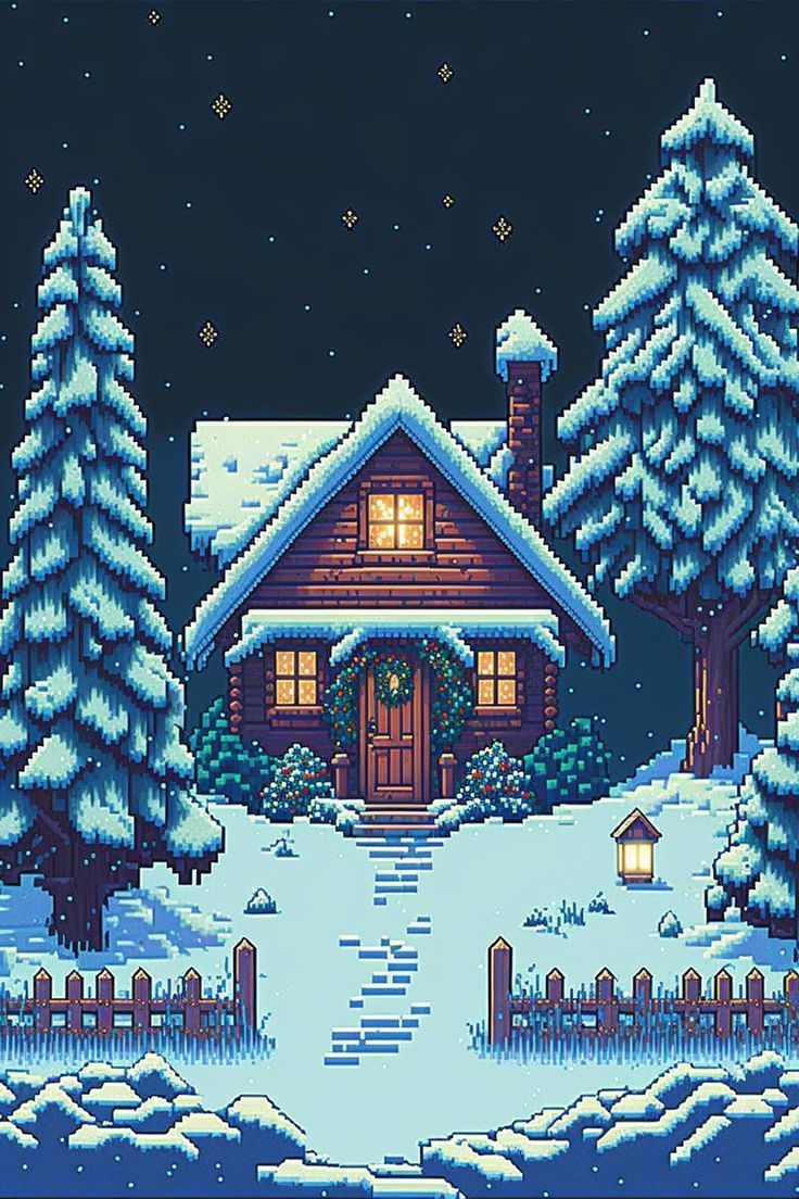 736x1104 snow land vacation: log cabin, pine trees, christmas, endless snow night art wallpaper