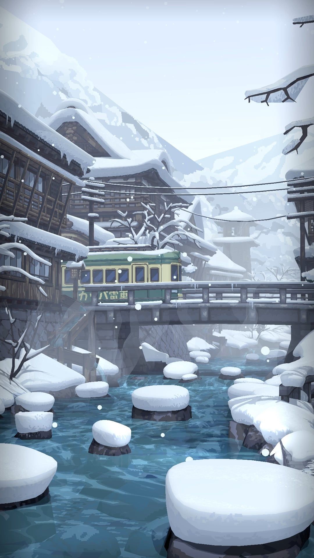 1080x1920 Snowy Onsen Town, textured with pixel art using aseprite